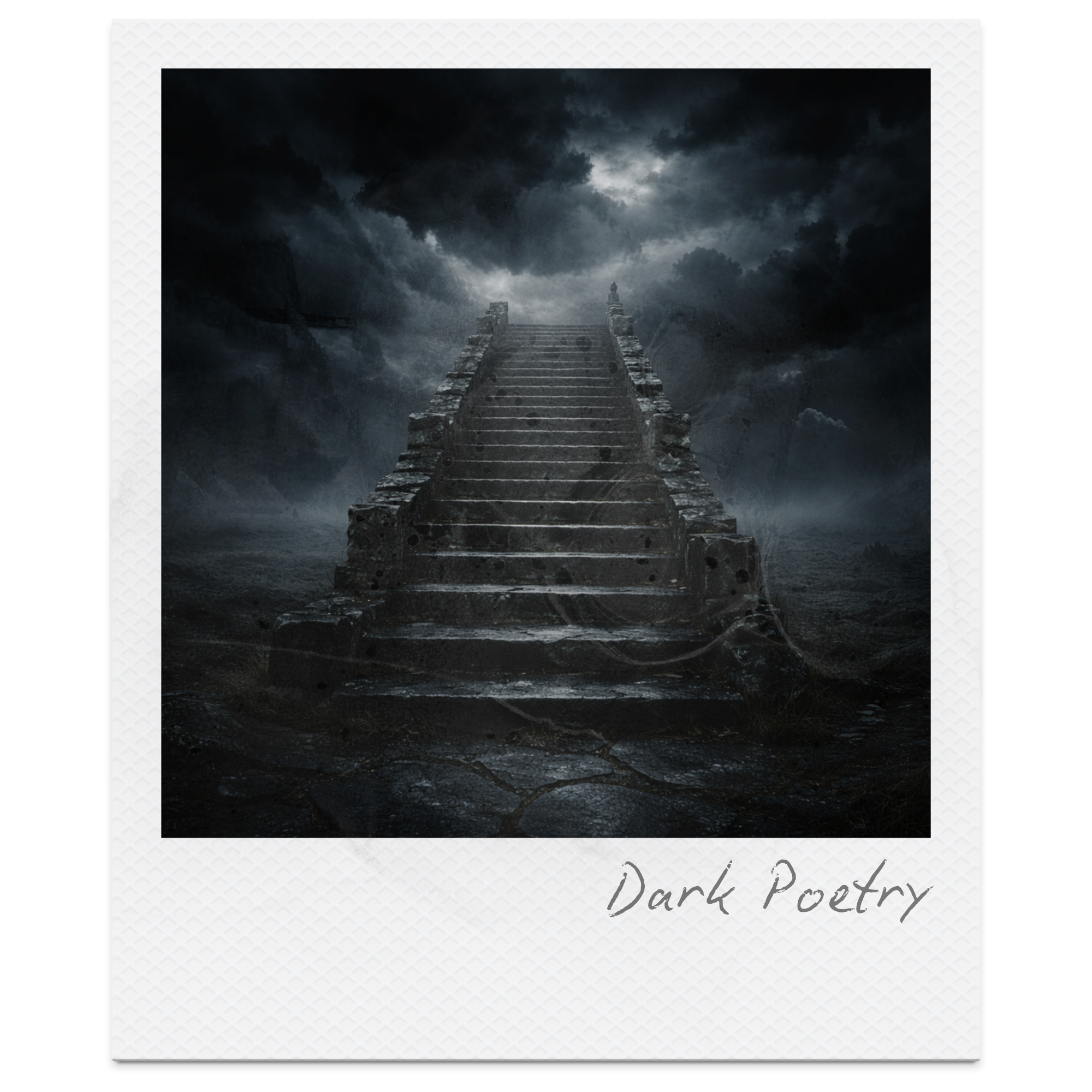 Dark, cloudy sky with an ancient stone staircase leading upward through a desolate landscape, labeled 'Dark Poetry'.