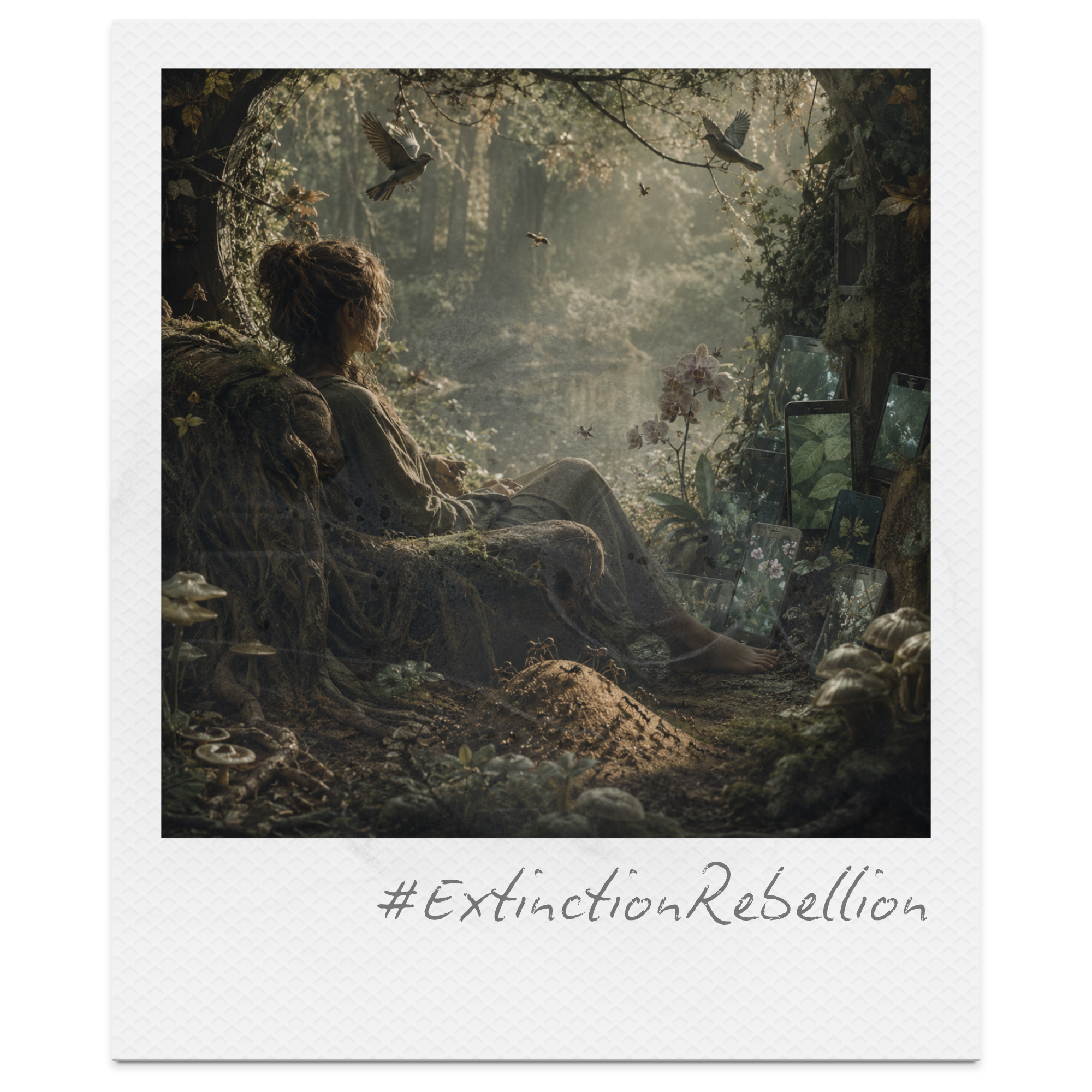 A person sitting in a forest scene with bird life, surrounded by greenery, mushrooms, and trees, with multiple mobile phones on the ground, overlaid with hashtags and text about extinction relapse.