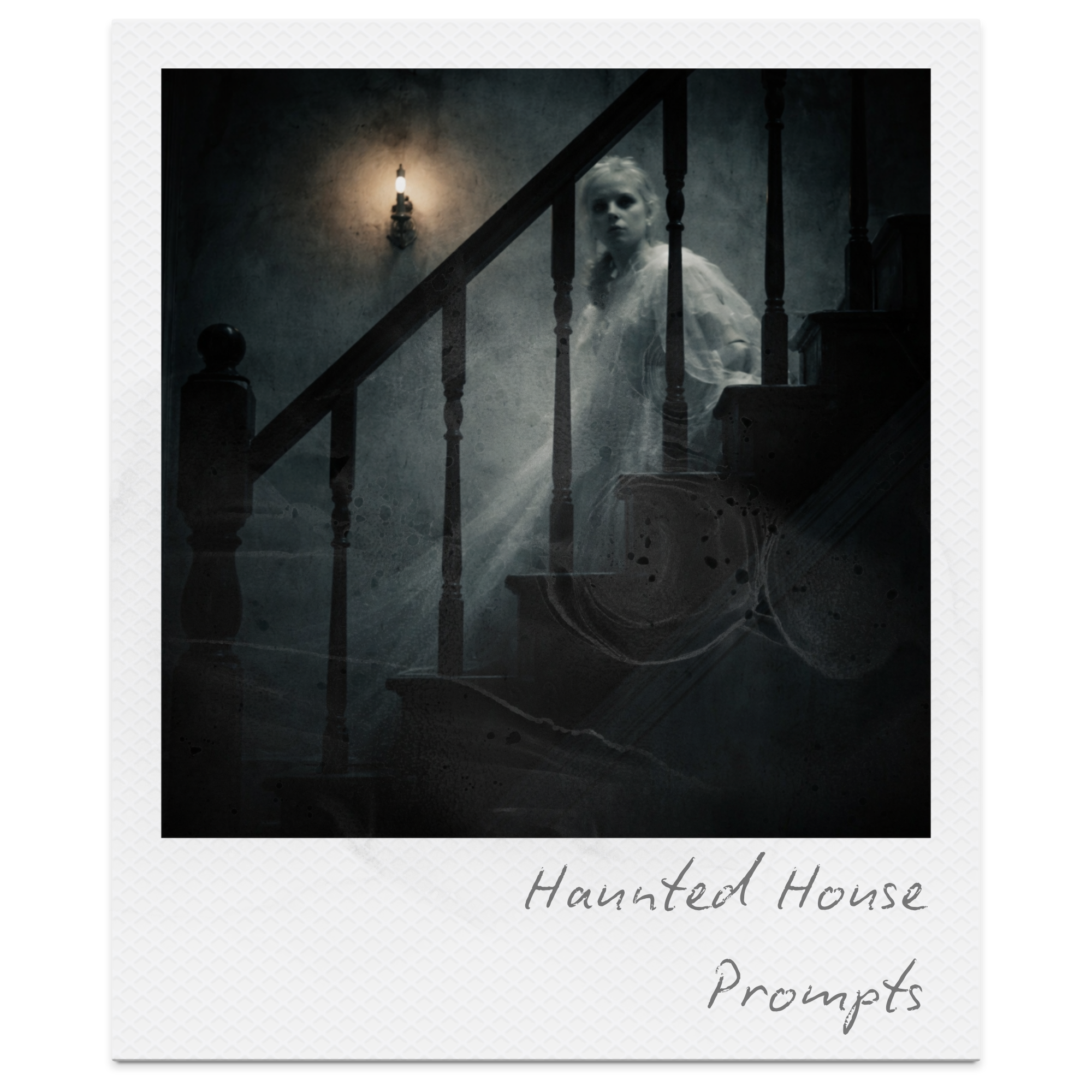 A ghostly woman with long hair and a flowing dress sitting on a staircase at night, illuminated by a wall-mounted lamp, in a dark haunted house setting with the text "Haunted House Prompts" written on the bottom.