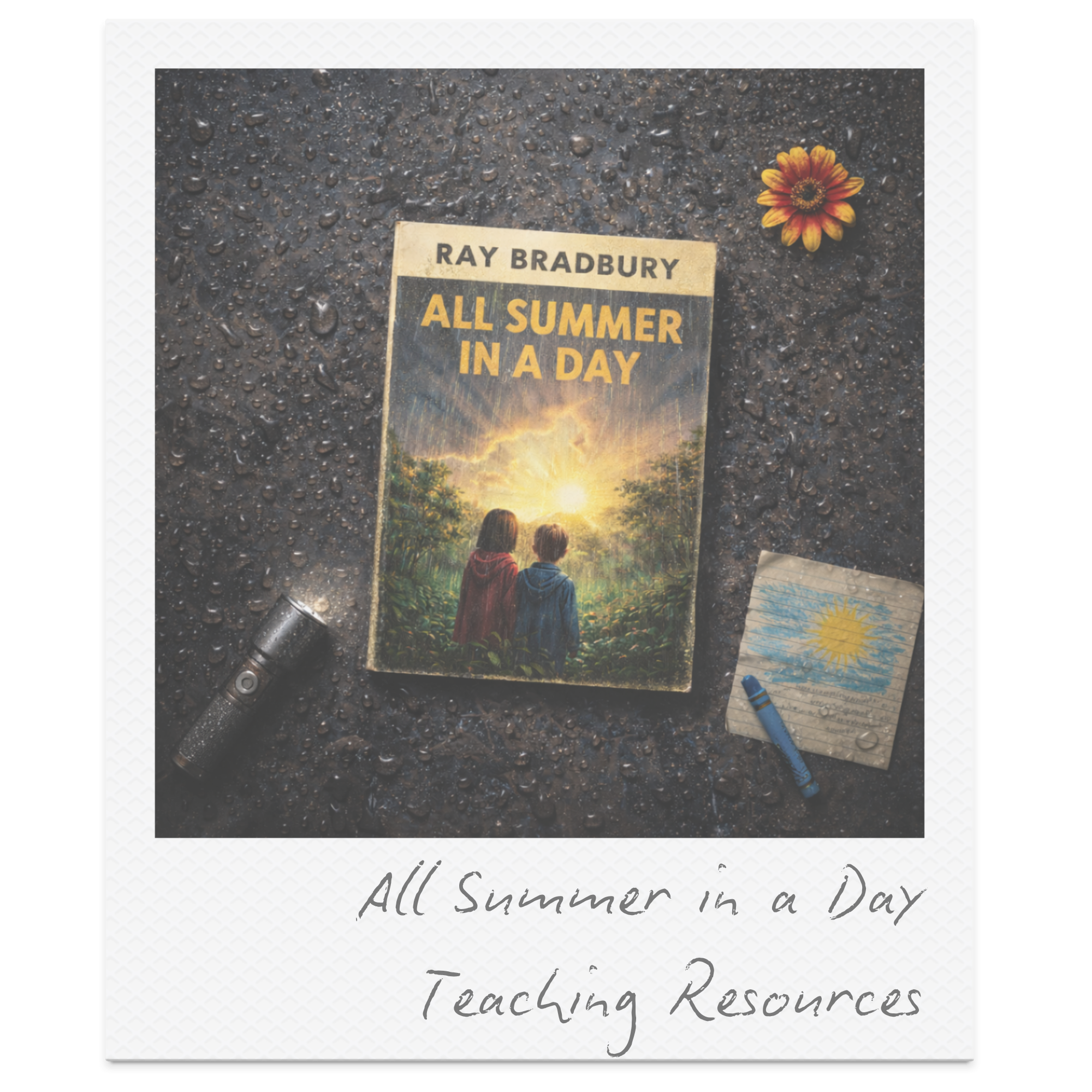 A book titled 'ALL SUMMER IN A DAY' by Ray Bradbury placed on a wet black asphalt surface with a sunflower on the top right corner. Additional papers and part of a pen are also visible underneath the book.