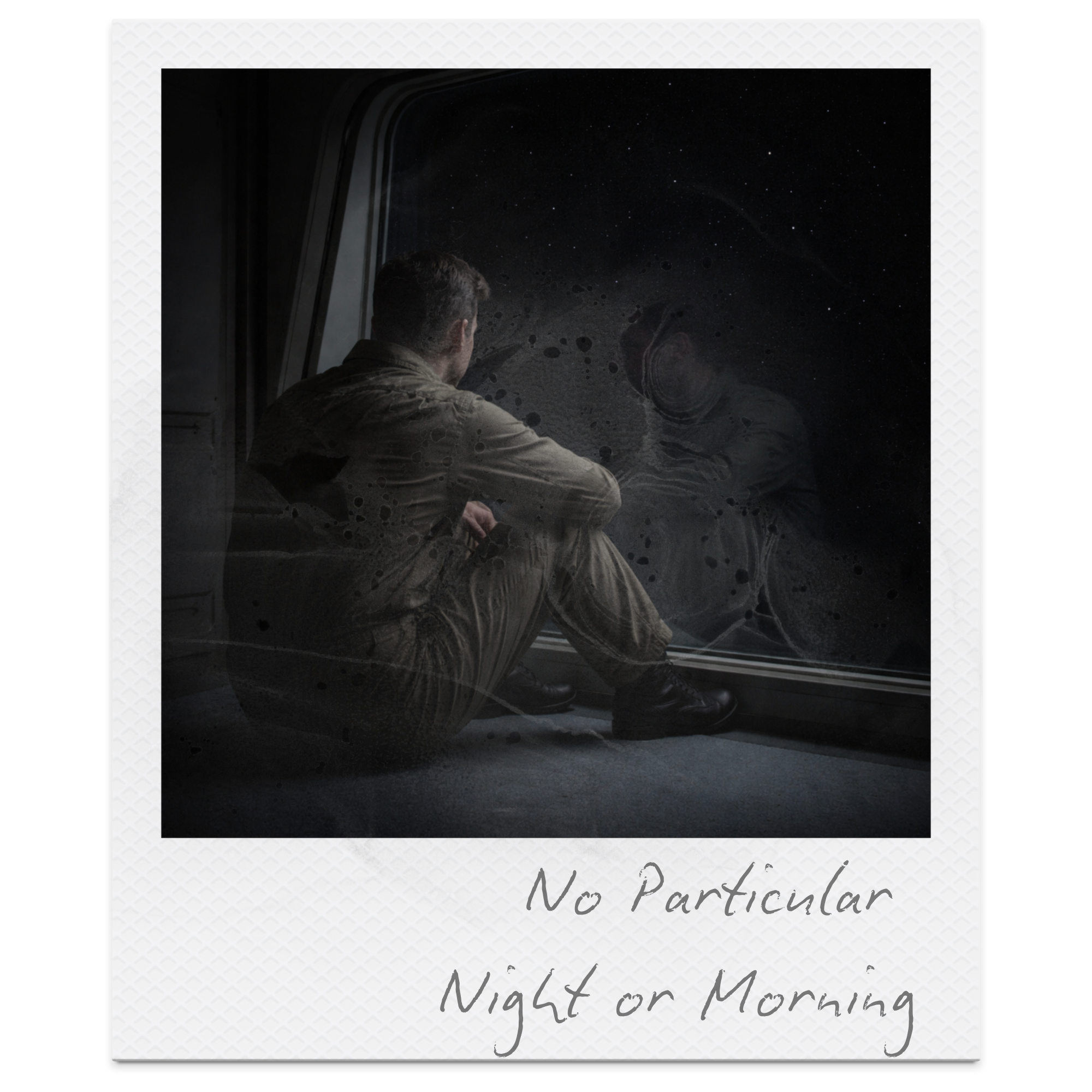 A man sitting inside an aircraft looking out the window at a starry sky. The photo has a nostalgic, Polaroid style with the handwritten note 'No Particular Night or Morning' at the bottom.