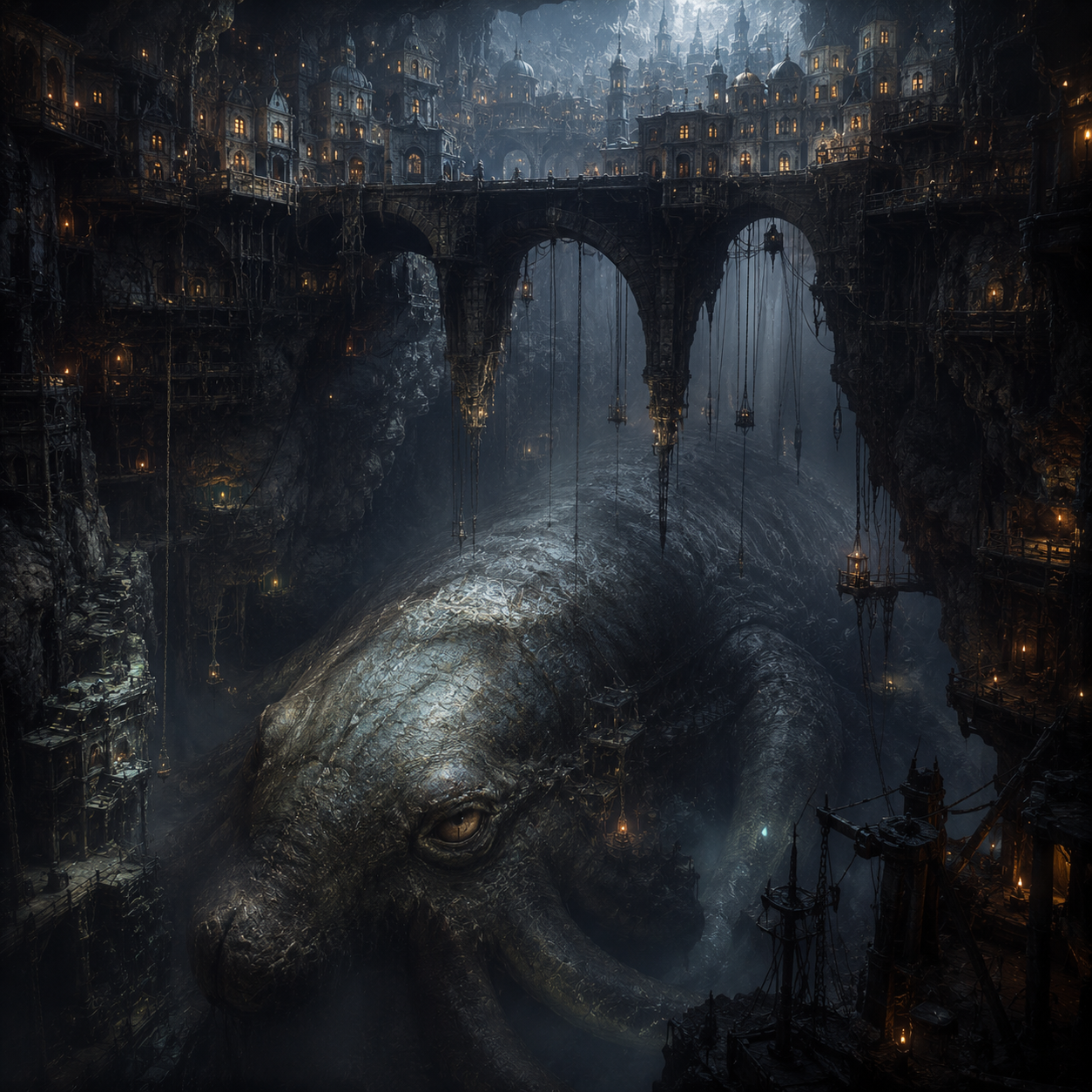 A colossal sleeping creature lies hidden beneath an ancient underground city built among bridges, towers, and cavern walls.