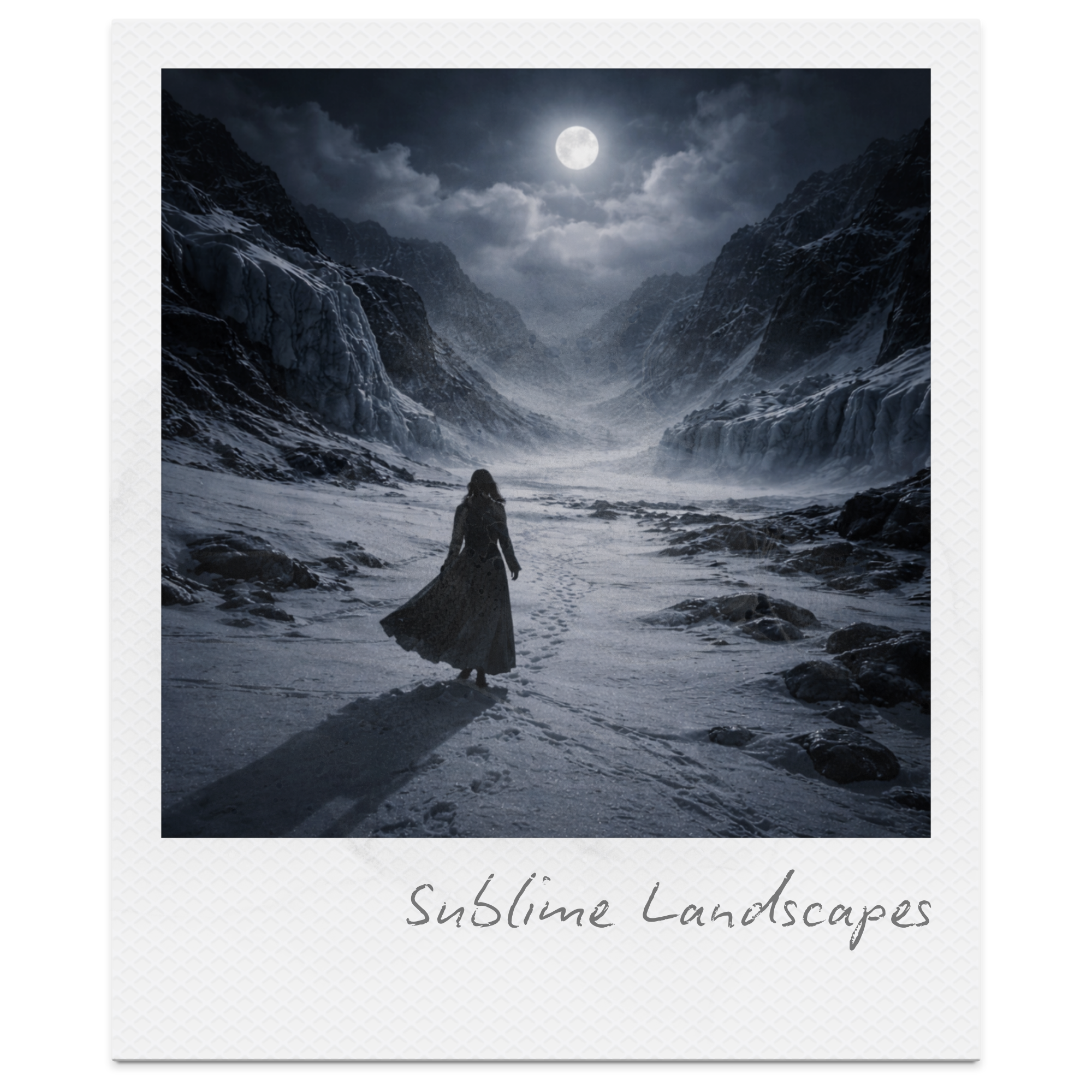 A woman walking alone on a snowy mountain valley illuminated by the full moon with clouds, rocks, and icy cliffs, labeled 'Sublime Landscapes'.