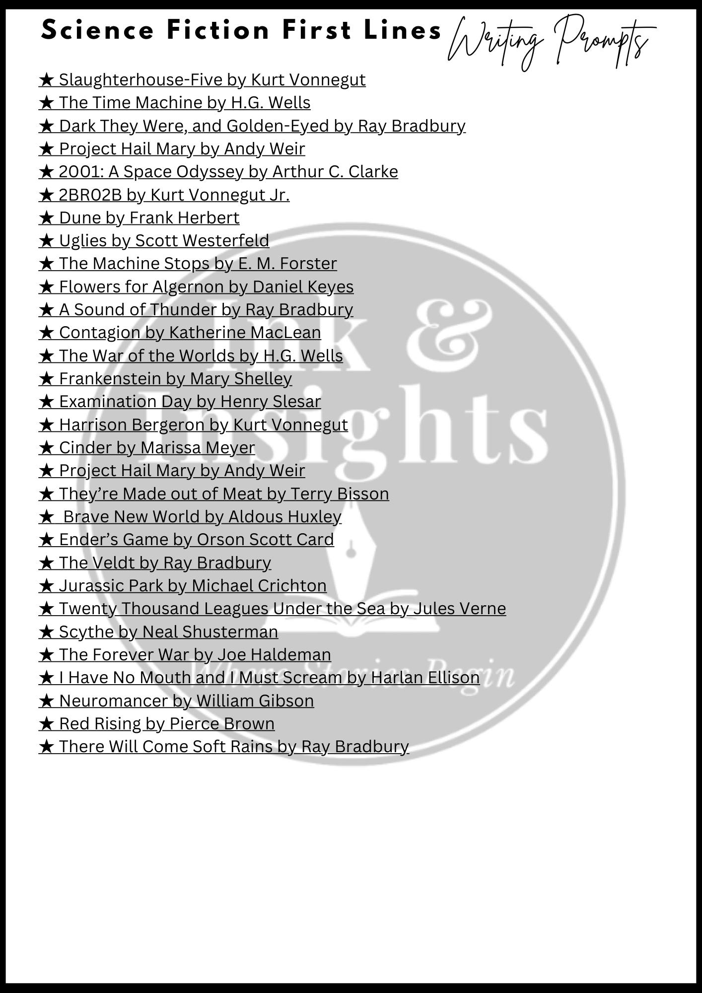 Science Fiction Famous First Lines Writing Prompts Booklet — Ink & Insights