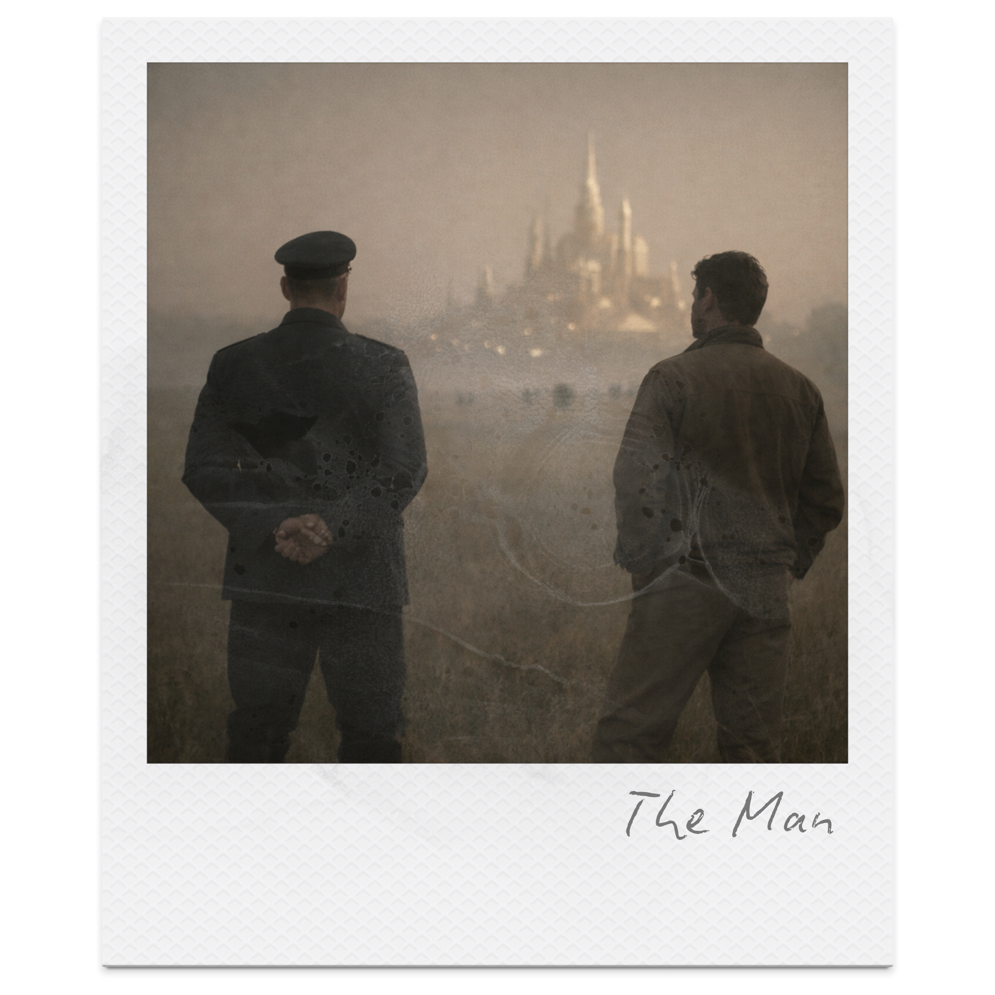 Two men standing outdoors, one in a military uniform, looking at a distant castle in the fog.