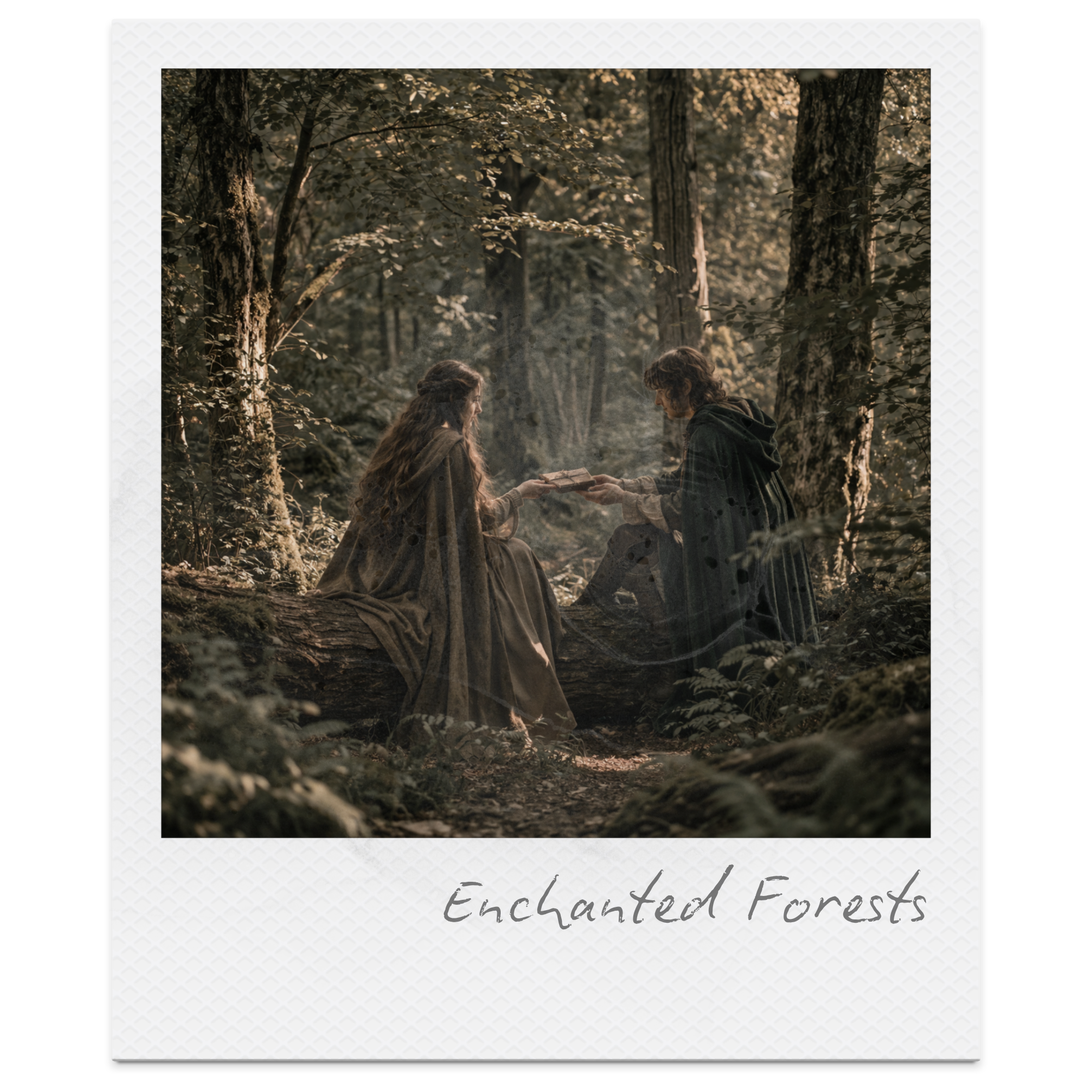 Two people in medieval clothing in a forest, exchanging a book, surrounded by tall trees and dappled sunlight, titled 'Enchanted Forests'.