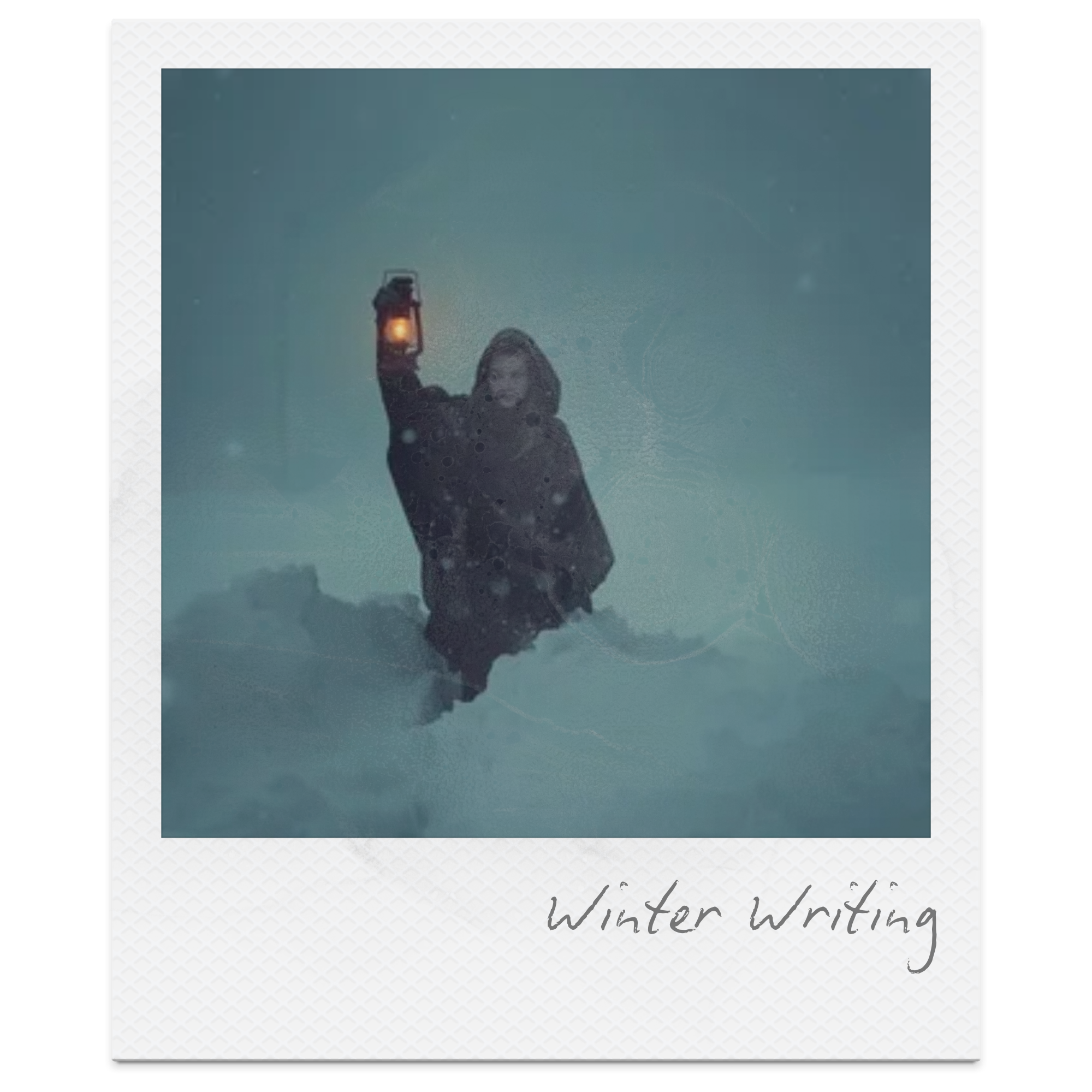 A person holding a lantern in a snowstorm, with snow covering the ground and snowflakes falling around. The photo has a vintage Polaroid style with the caption 'Winter Writing' at the bottom.
