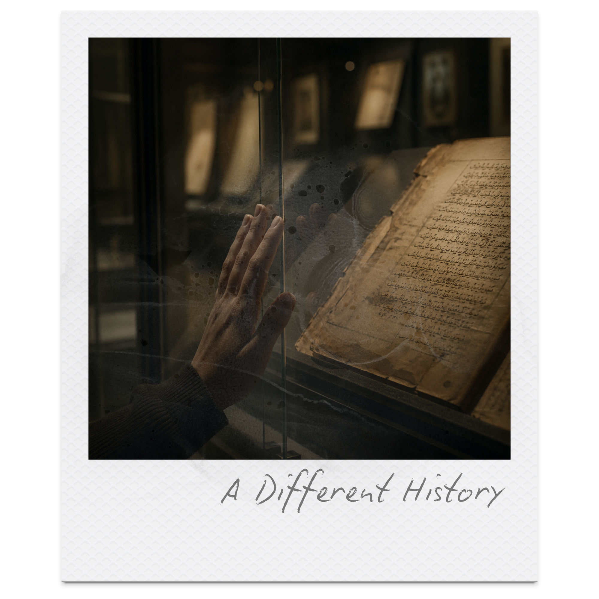 The cover of a book titled "A Different History" with a partially open old, brown manuscript on display behind glass, inside a museum or library exhibit.