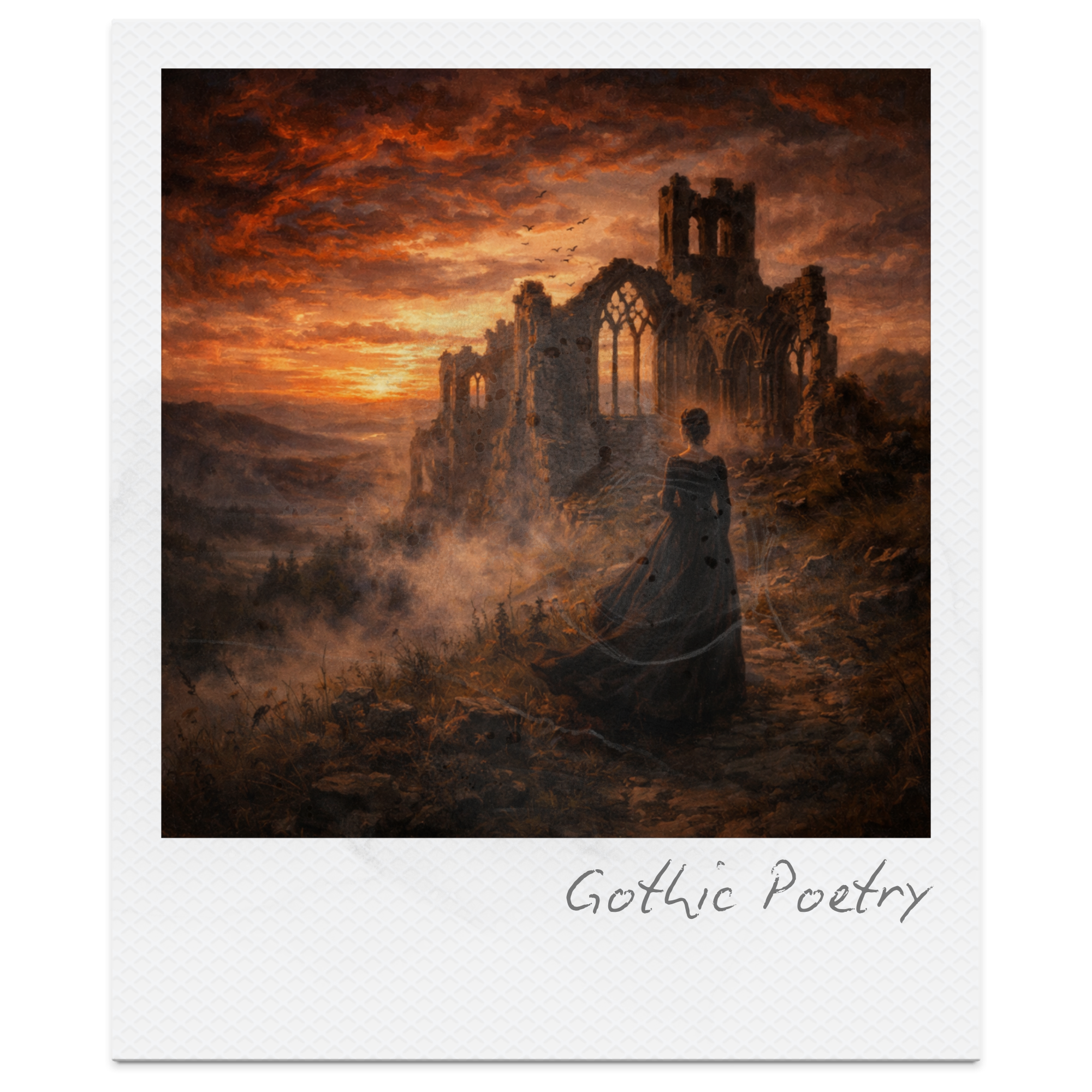 A woman in a dark dress standing in a Gothic landscape at sunset, with ruined Gothic architecture and a cloudy sky, titled 'Gothic Poetry'.