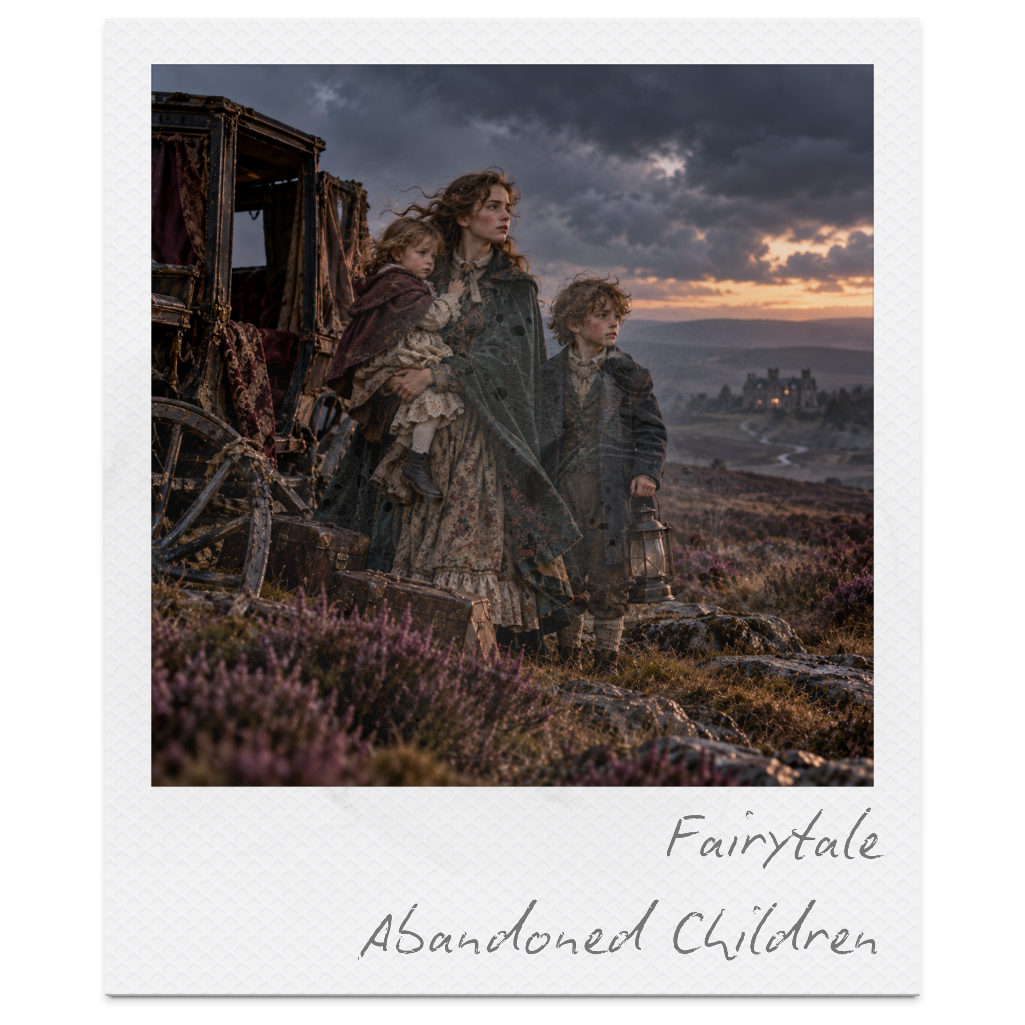 A scene from the movie Fairy Tale, featuring a woman with curly hair and two children, standing on a hilltop at sunset with a dark, cloudy sky and a castle in the distance.