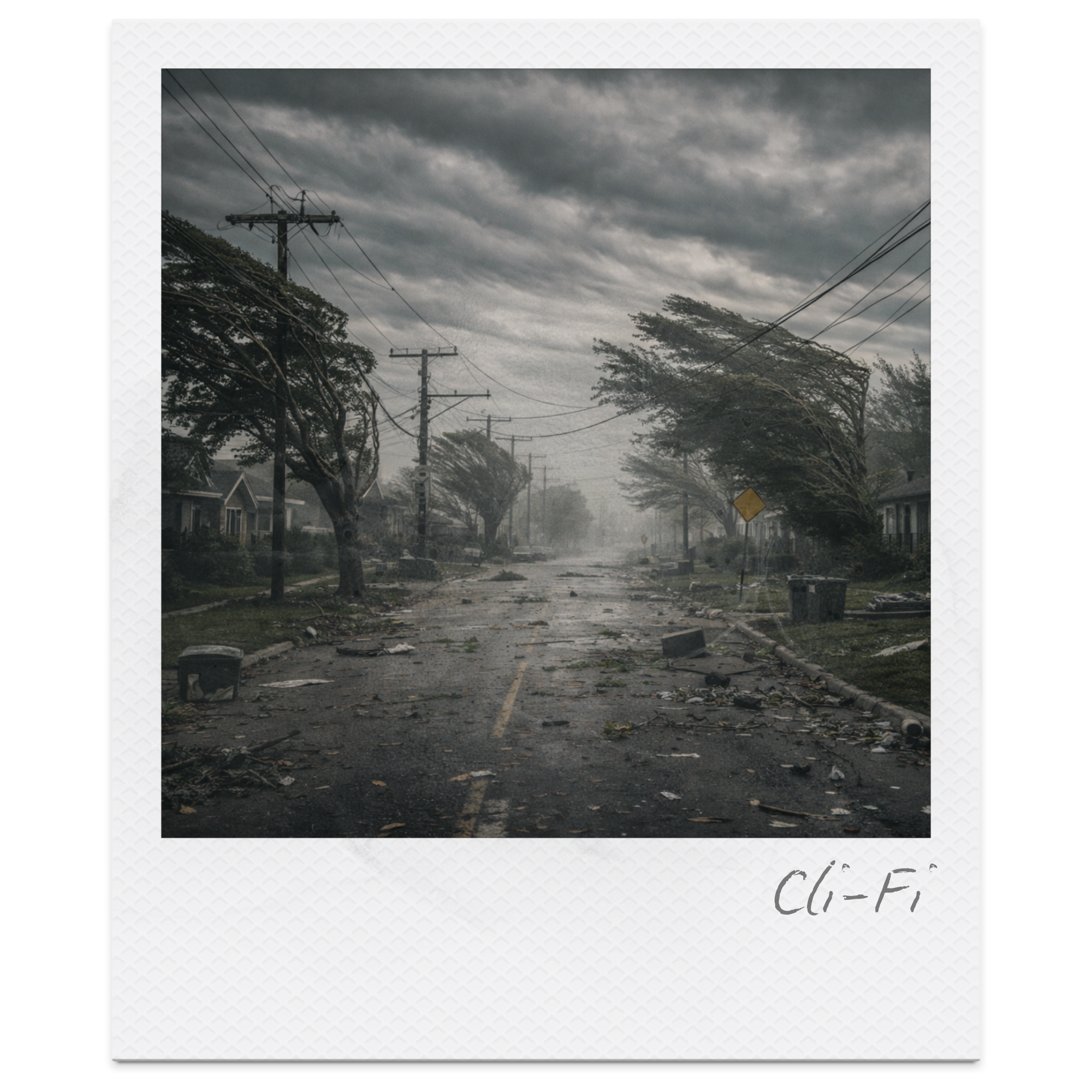 A stormy, cloudy sky over a residential neighborhood with fallen trees, power lines, and debris scattered on the street, indicating recent storm damage.