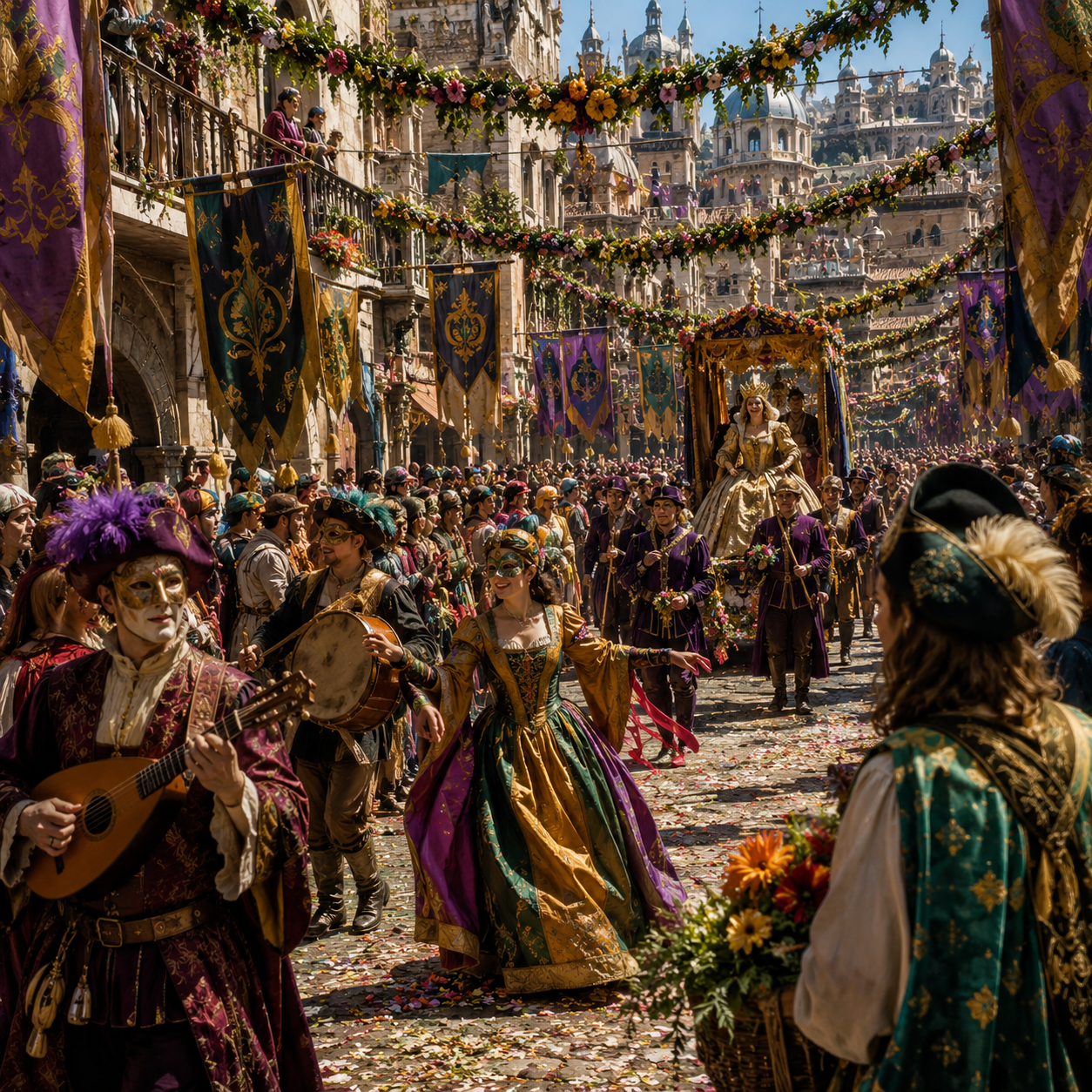 A vibrant fantasy festival fills a medieval city street as musicians, dancers, masked performers, and a royal procession celebrate beneath colourful banners and flower garlands.