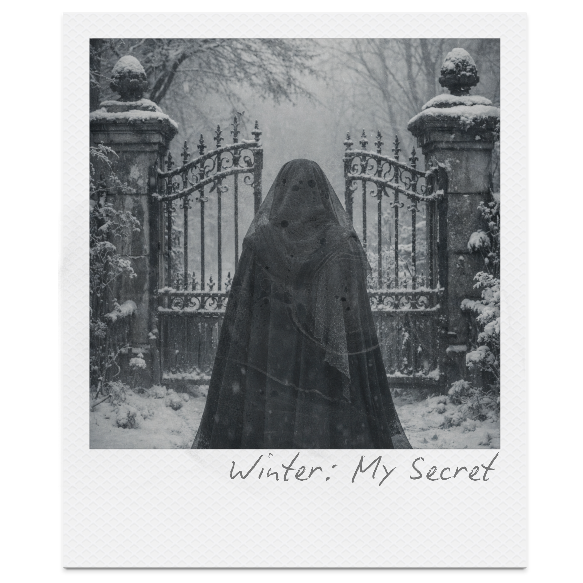 A person dressed as a ghost in a Halloween costume standing in front of a snow-covered gate in a winter scene with trees. The image caption reads 'Winter: My Secret'.