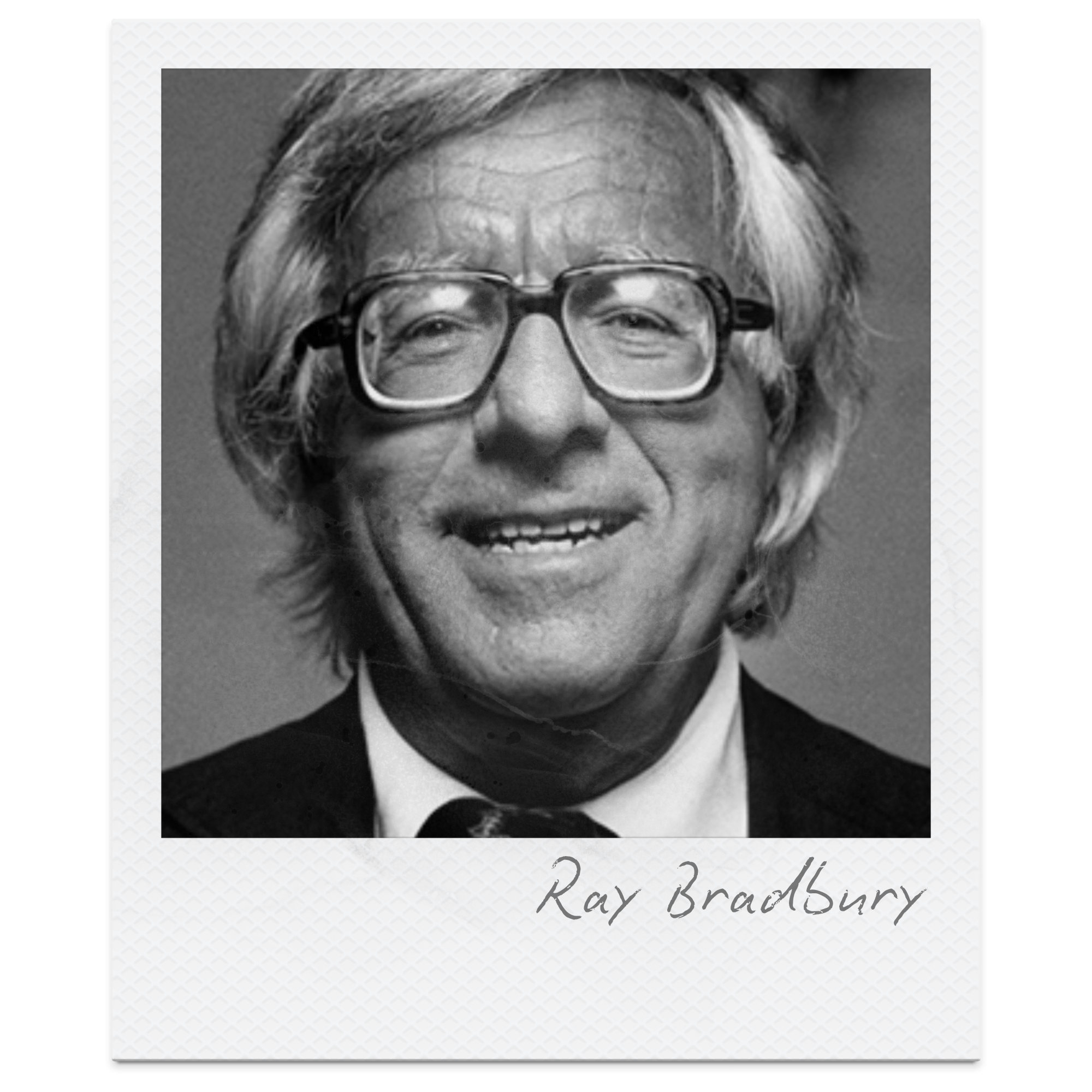 Black and white photo of an elderly woman with short hair, glasses, smiling, wearing a tuxedo, with text underneath that reads "Ray Bradbury."