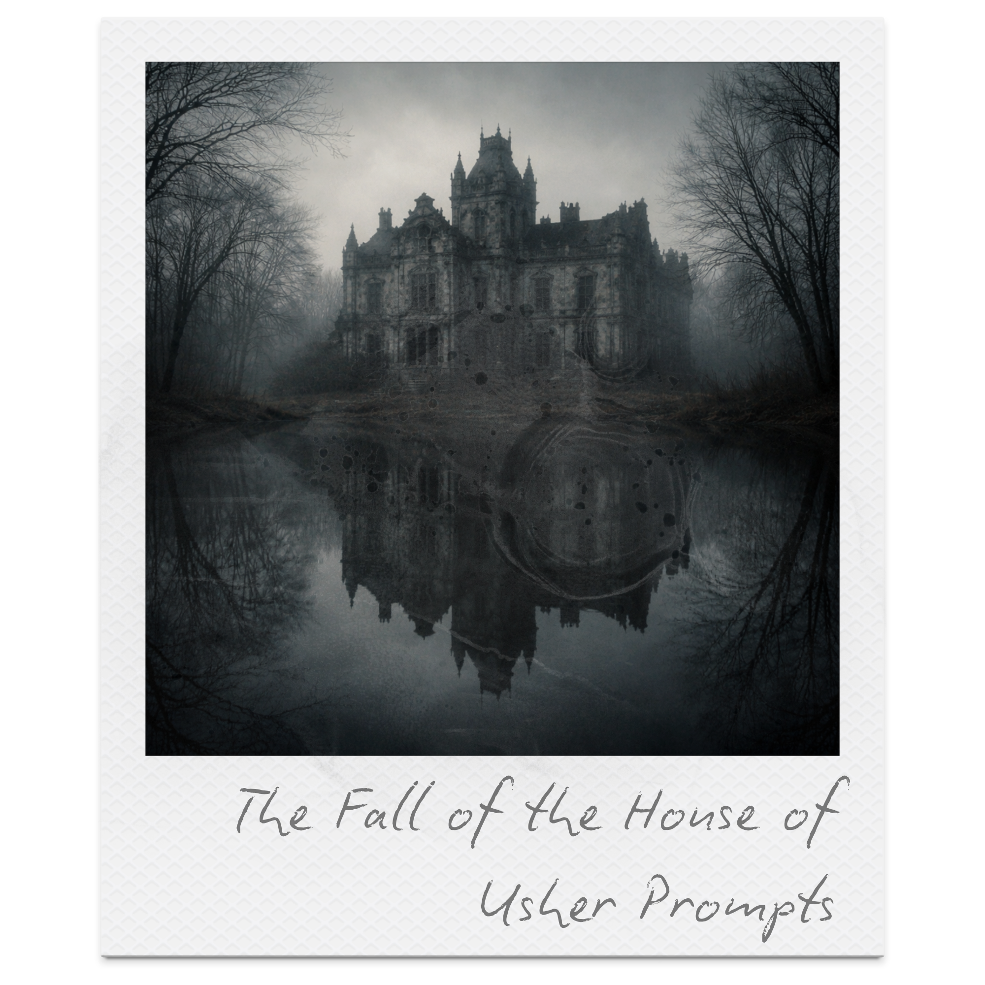 A dark, eerie mansion reflected in a foggy, still body of water with bare trees on either side, captioned "The Fall of the House of Usher Prompts."