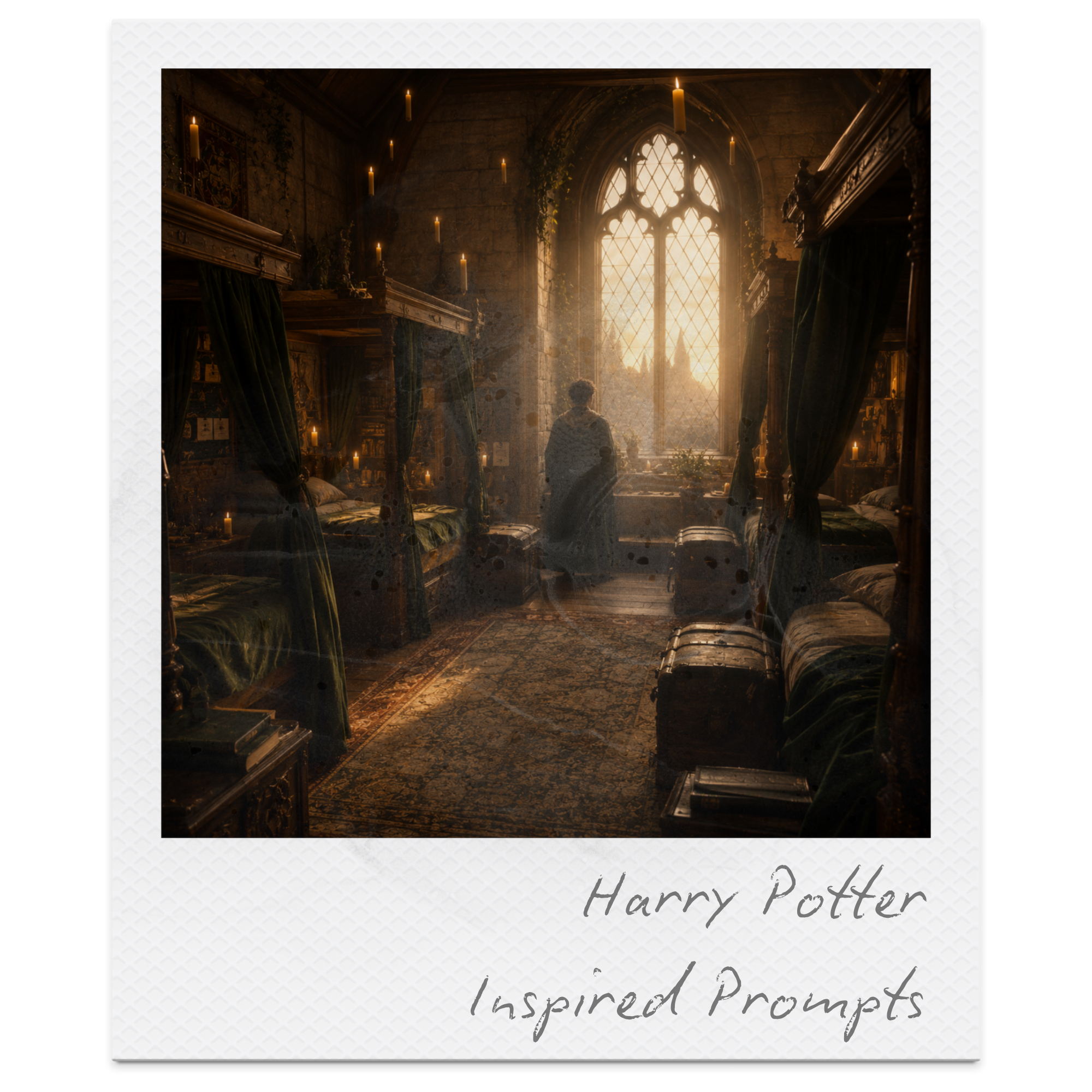 A dimly lit room with stained glass windows, velvet drapes, wooden furniture, and candles, resembling a Gothic or medieval style. The room appears to be a study or library.