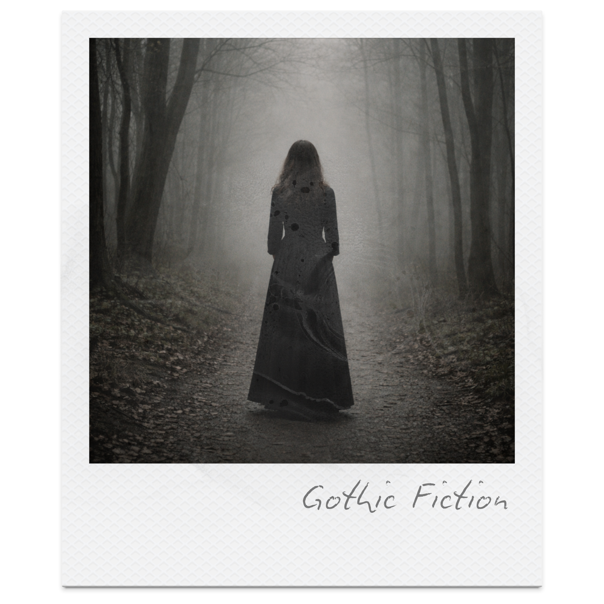 A woman in a long dress walks down a foggy, deserted forest path with tall, leafless trees on either side, creating a gothic atmosphere.
