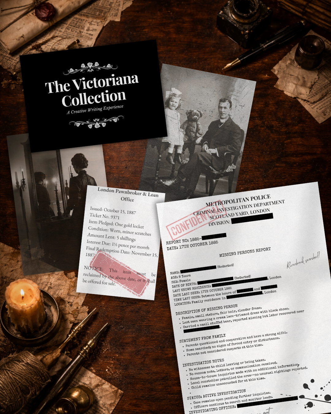 Flatlay of Victoriana relics including pawn tickets, missing person reports, and vintage photographs on a dark desk.