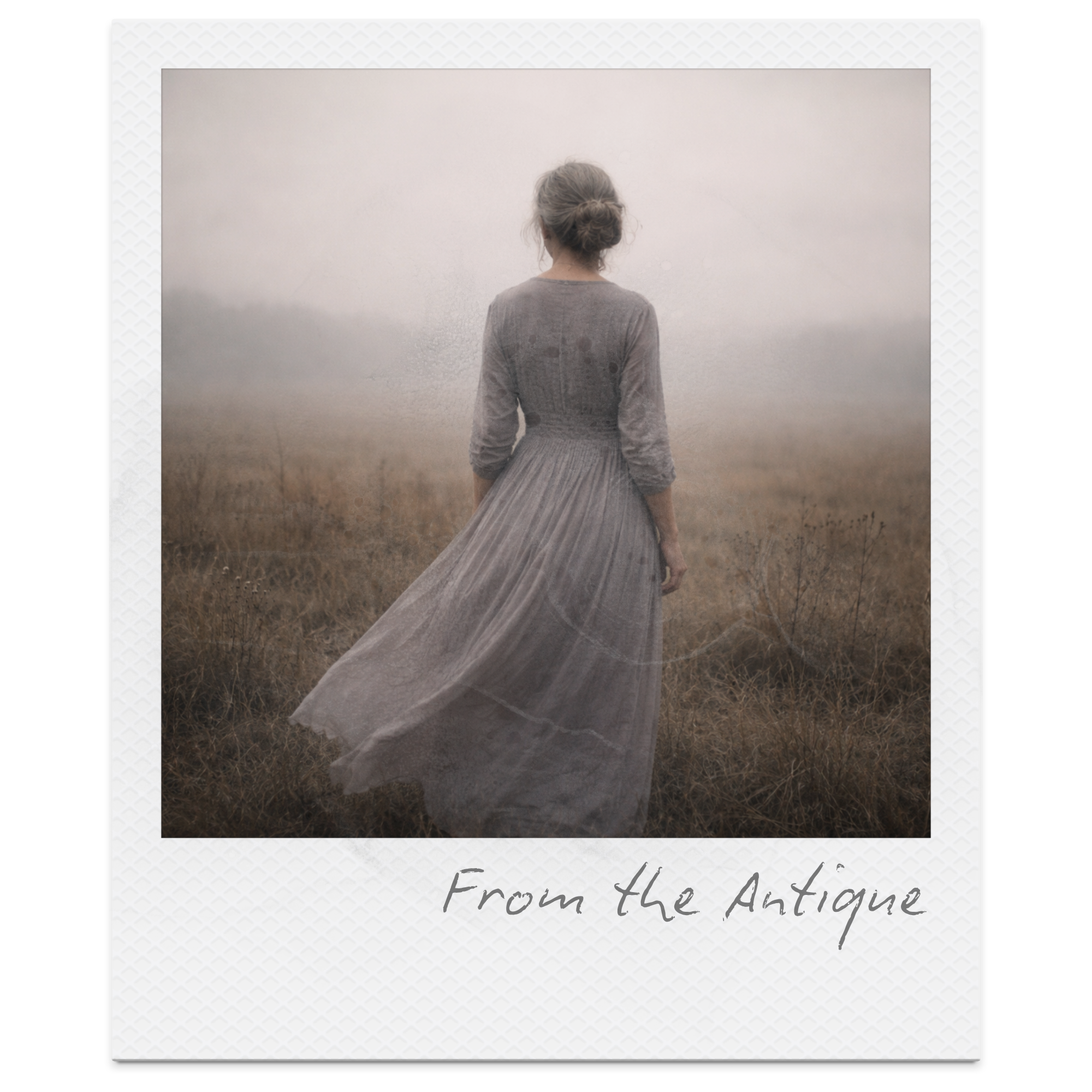 A woman wearing a long gray vintage dress stands in a foggy, desolate field with dry grass, facing away from the camera.