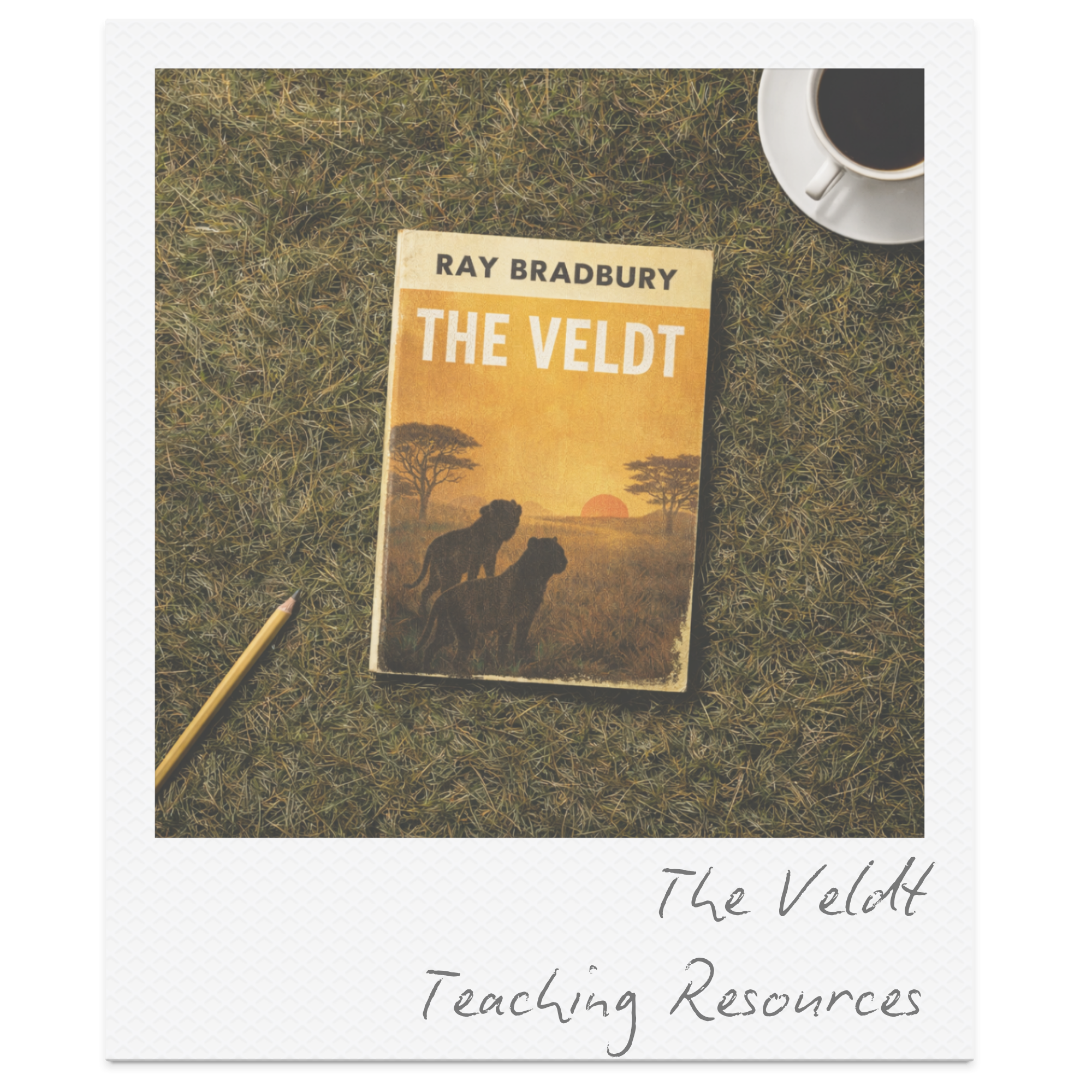 A book titled "The Veldt" by Ray Bradbury lying on grass, with a cup of coffee on a white saucer nearby.