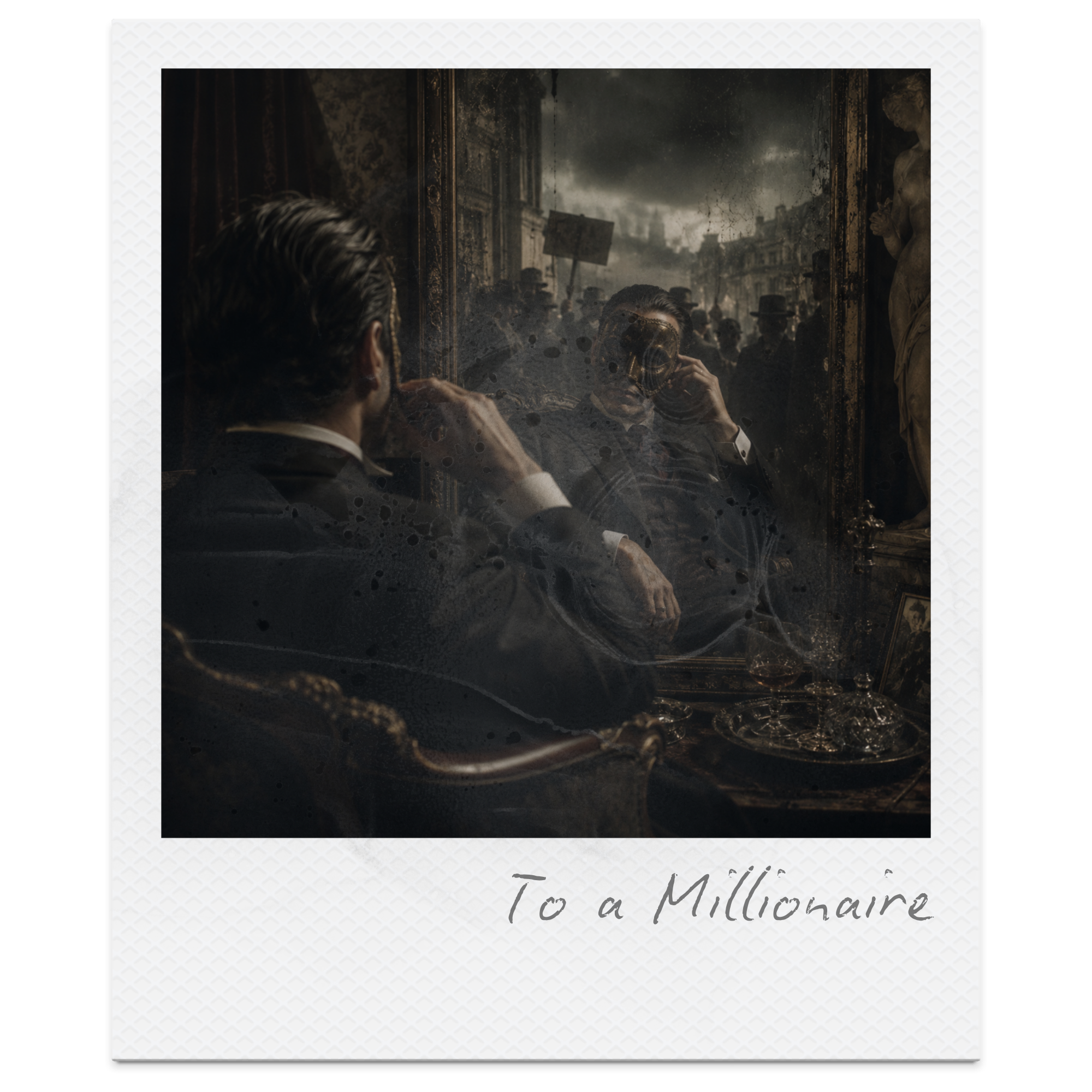 A framed picture of a vintage scene with a man adjusting a mirror, a crowd with hats outdoors, and a statue on the right, with the text "To a Millionaire" at the bottom.