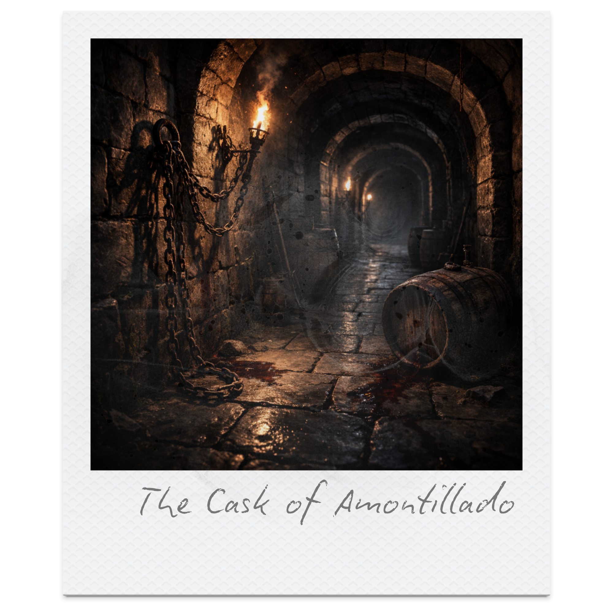 Dark, ancient stone tunnel with torches on the wall, a fallen barrel with bloodstains, and chains hanging from the wall. The floor is wet and muddy, creating an ominous atmosphere.