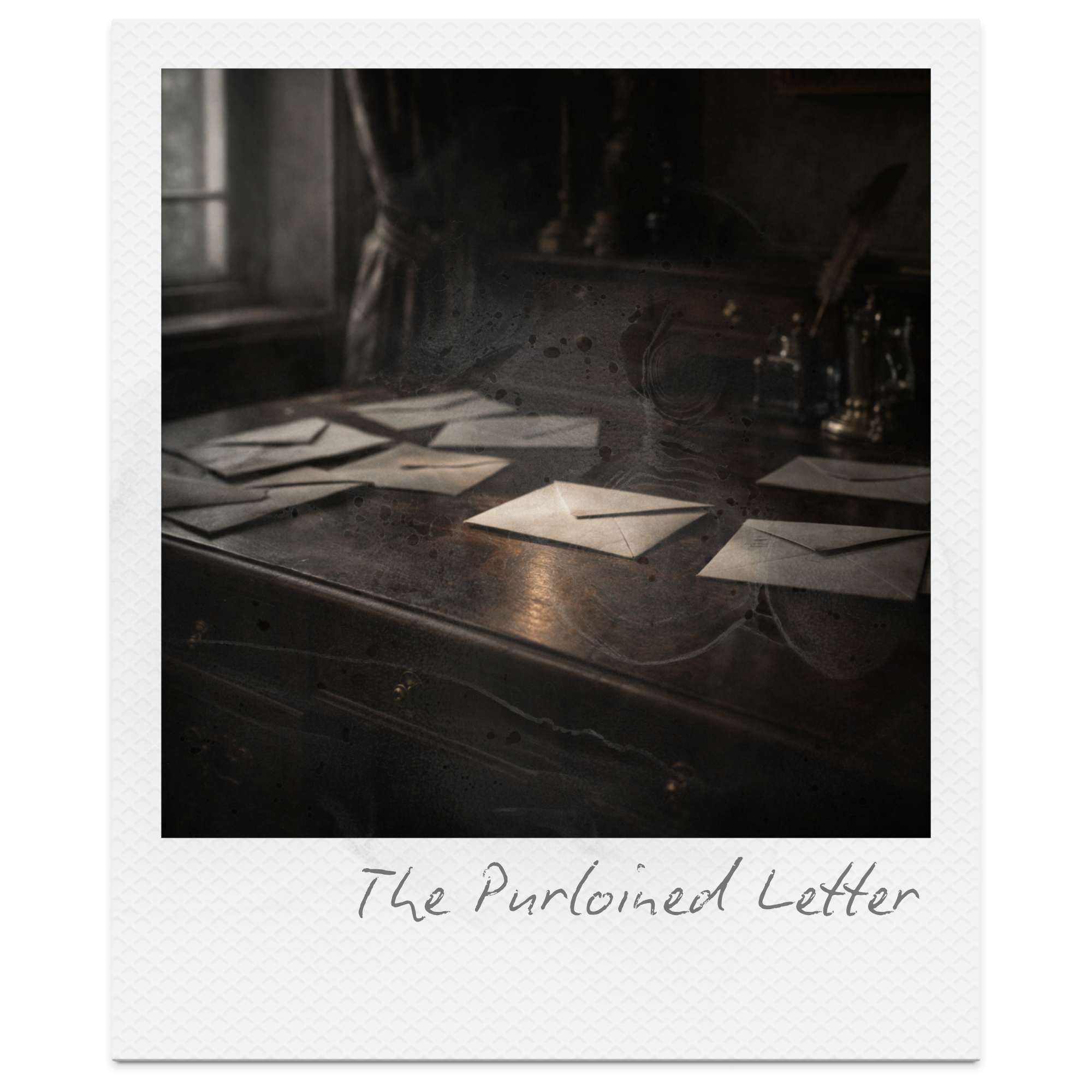 Several white envelopes on a dark wooden table in a dimly lit room with a window and a feather pen in the background.