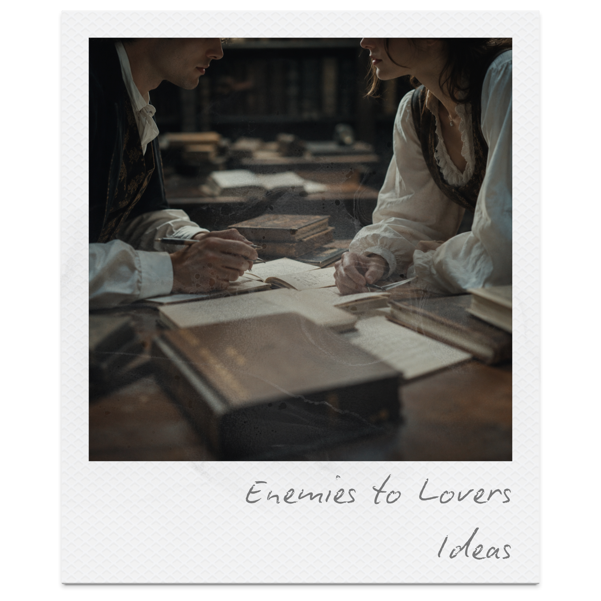 Close-up of two people, a man and a woman, with their faces nearly touching, sitting at a table with books and papers in a dimly lit environment. The scene suggests a historical or vintage setting.