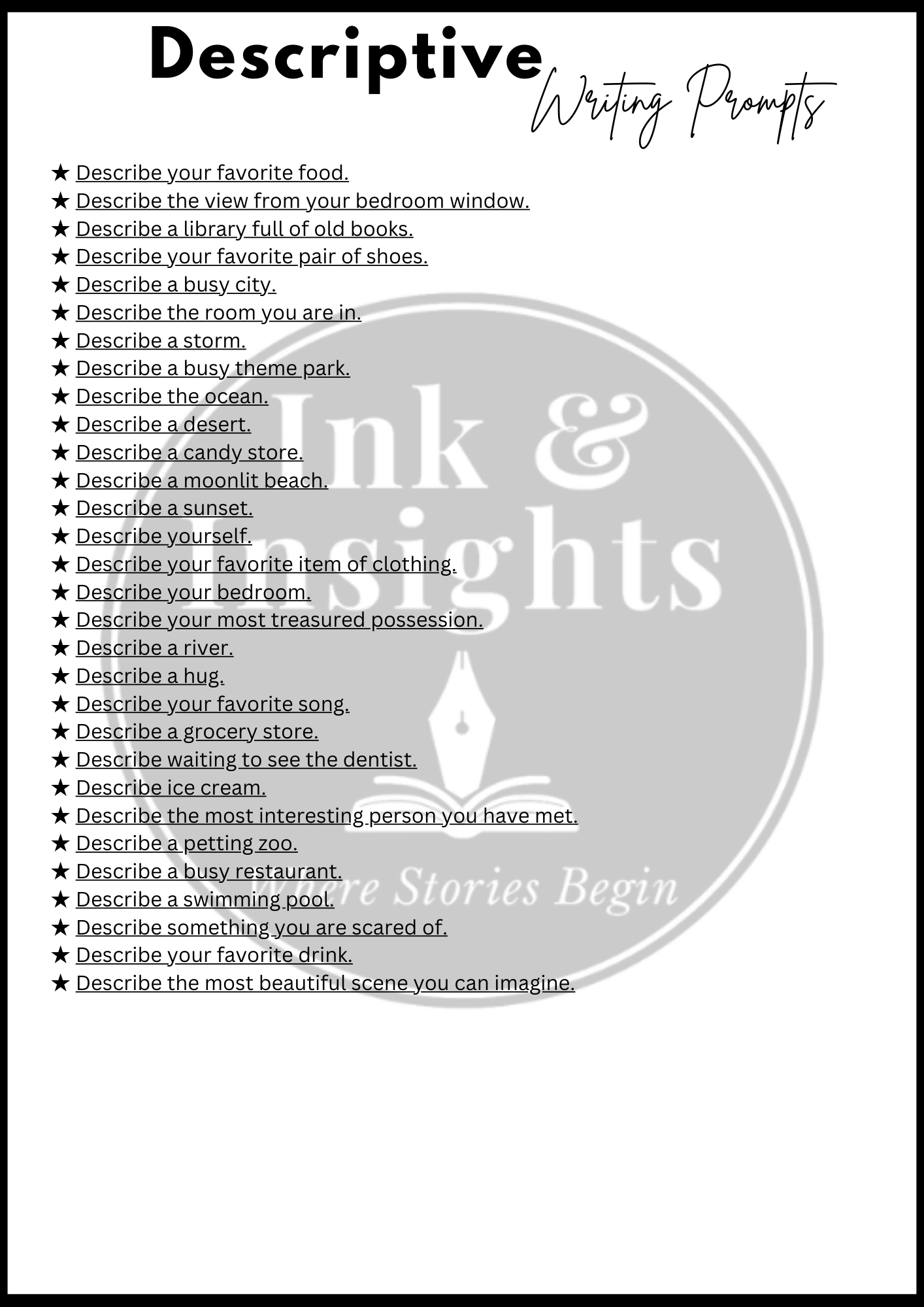 Descriptive Writing Prompts Booklet — Ink & Insights