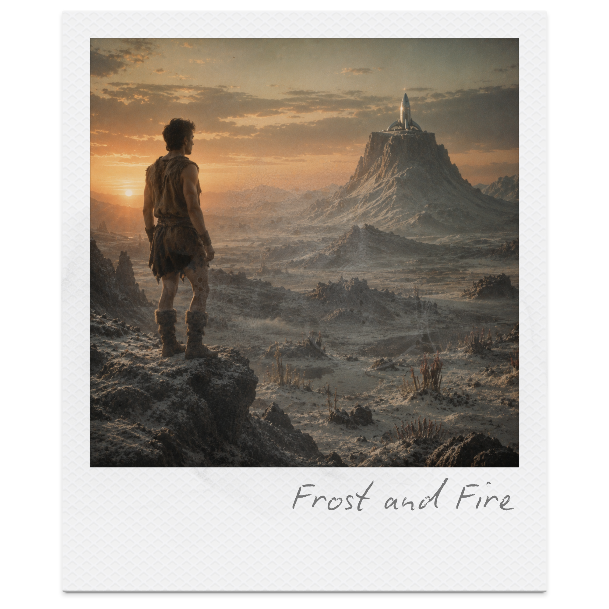 A scene of a man standing on rocky ground during sunset, gazing at a mountain with a rocket launching pad and rocket on top, in a cold, mountainous landscape.