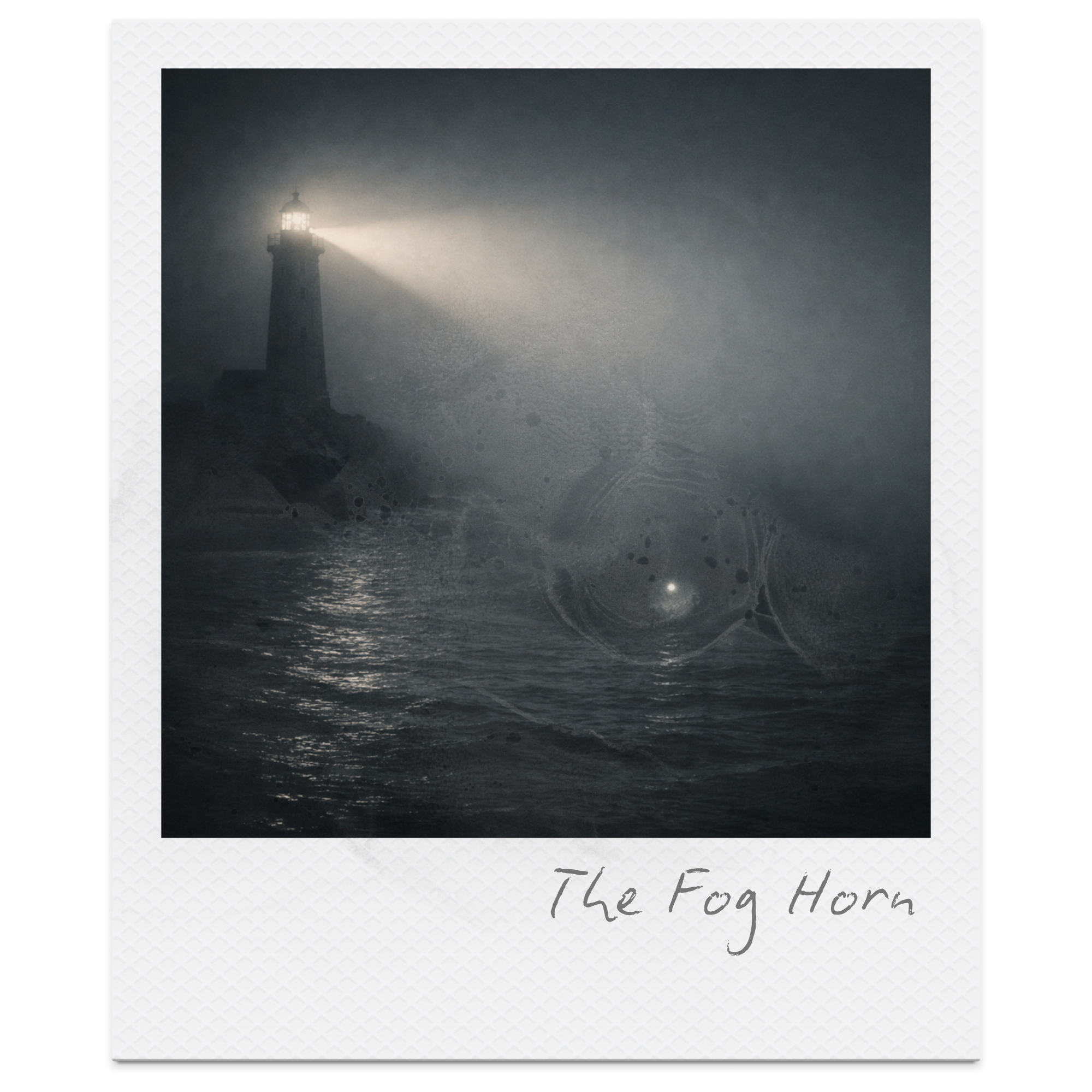 A lighthouse on a rocky coast emitting a bright beam of light through fog, with dark water below and a faint bright point in the distance. The image is styled like an old photograph with the caption 'The Fog Horn' written at the bottom.