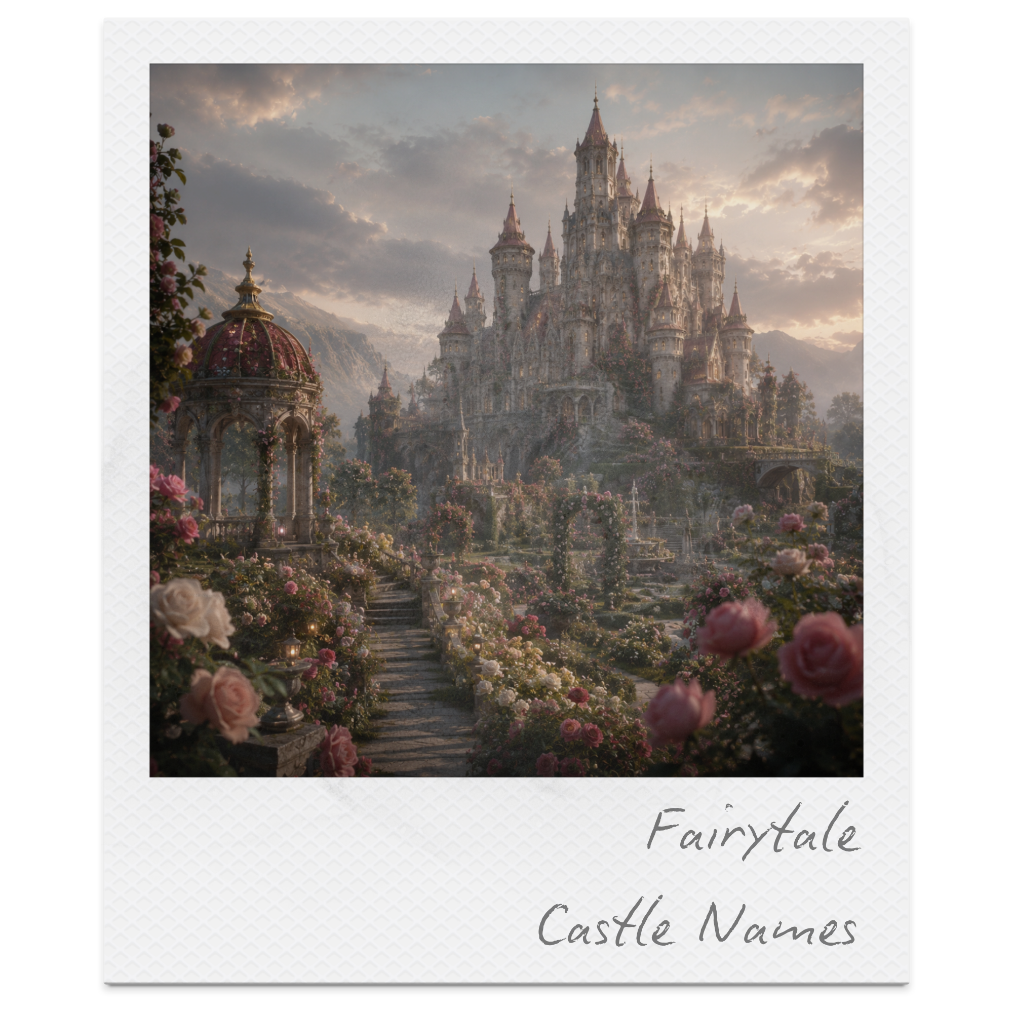 Illustration of a fairy tale castle with multiple towers, surrounded by pink and white roses, at sunset with a cloudy sky in the background.