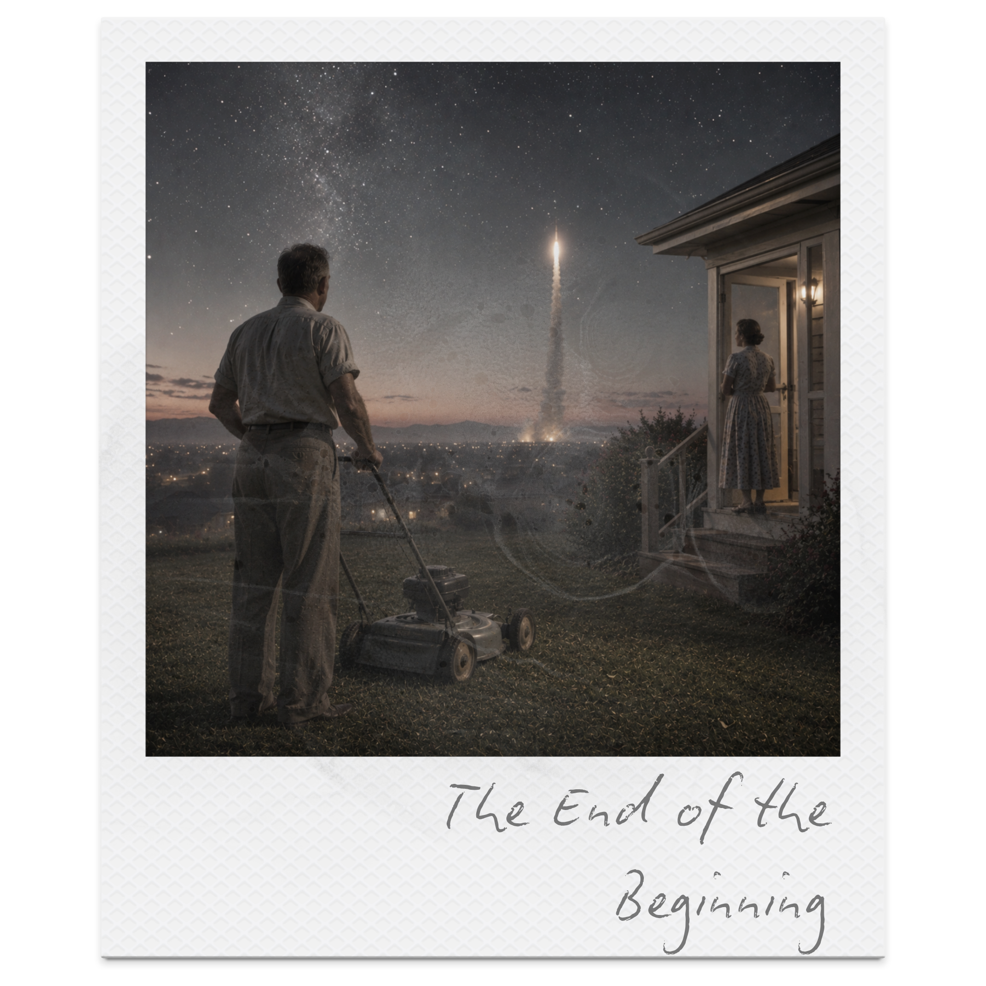 A couple stands outside at night watching a rocket launch into a starry sky. The man is using a lawn mower, and the woman is standing on the porch of a house.