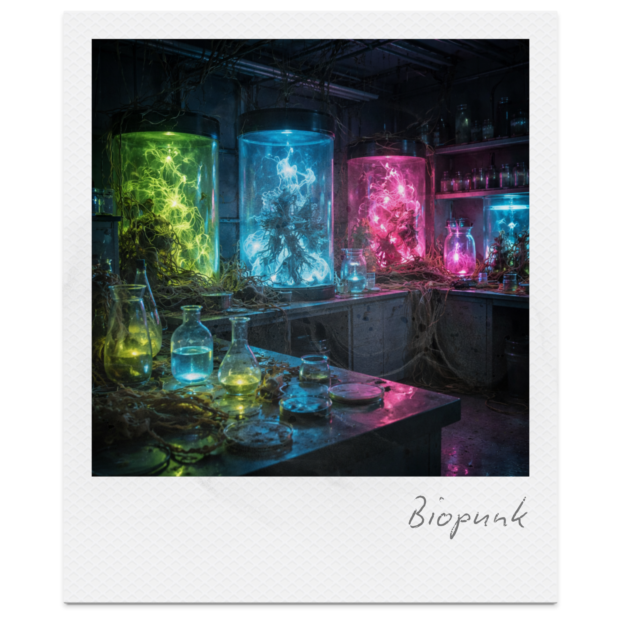 Laboratory setup with three large glass cylinders containing glowing green, blue, and pink electrical discharges, connected with wires and surrounded by glass beakers on a table in a scientific lab.