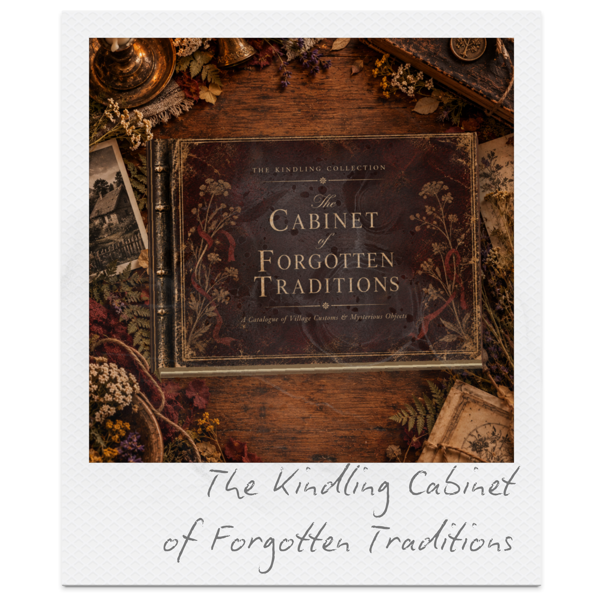Close-up of vintage books, dried flowers, and old photographs arranged on a wooden surface, with a partially visible book titled 'The Cabinet of Forgotten Traditions'.