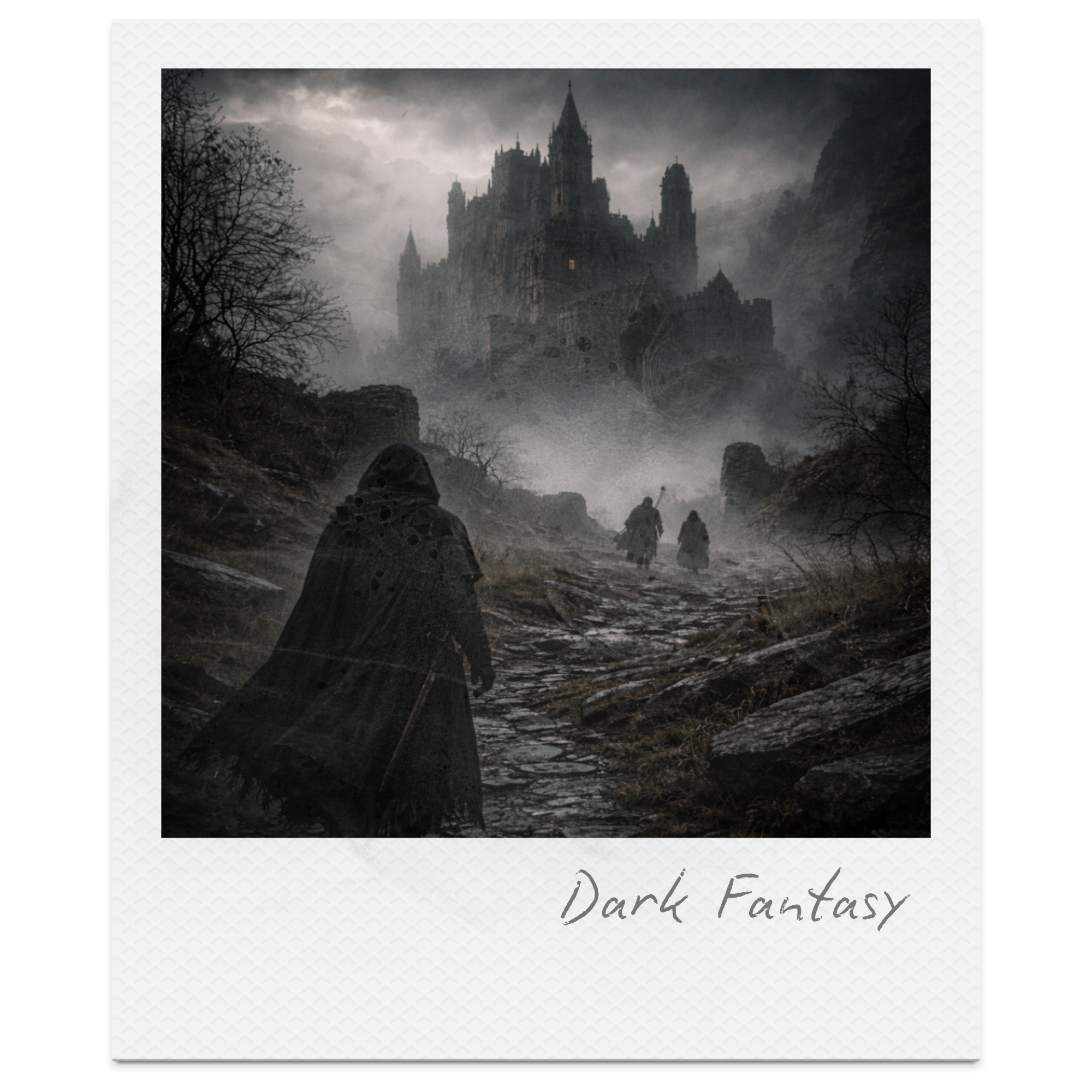 Dark fantasy scene with a castle on a mountain, three cloaked figures walking along a rocky path, barren trees, mist, and dark clouds.
