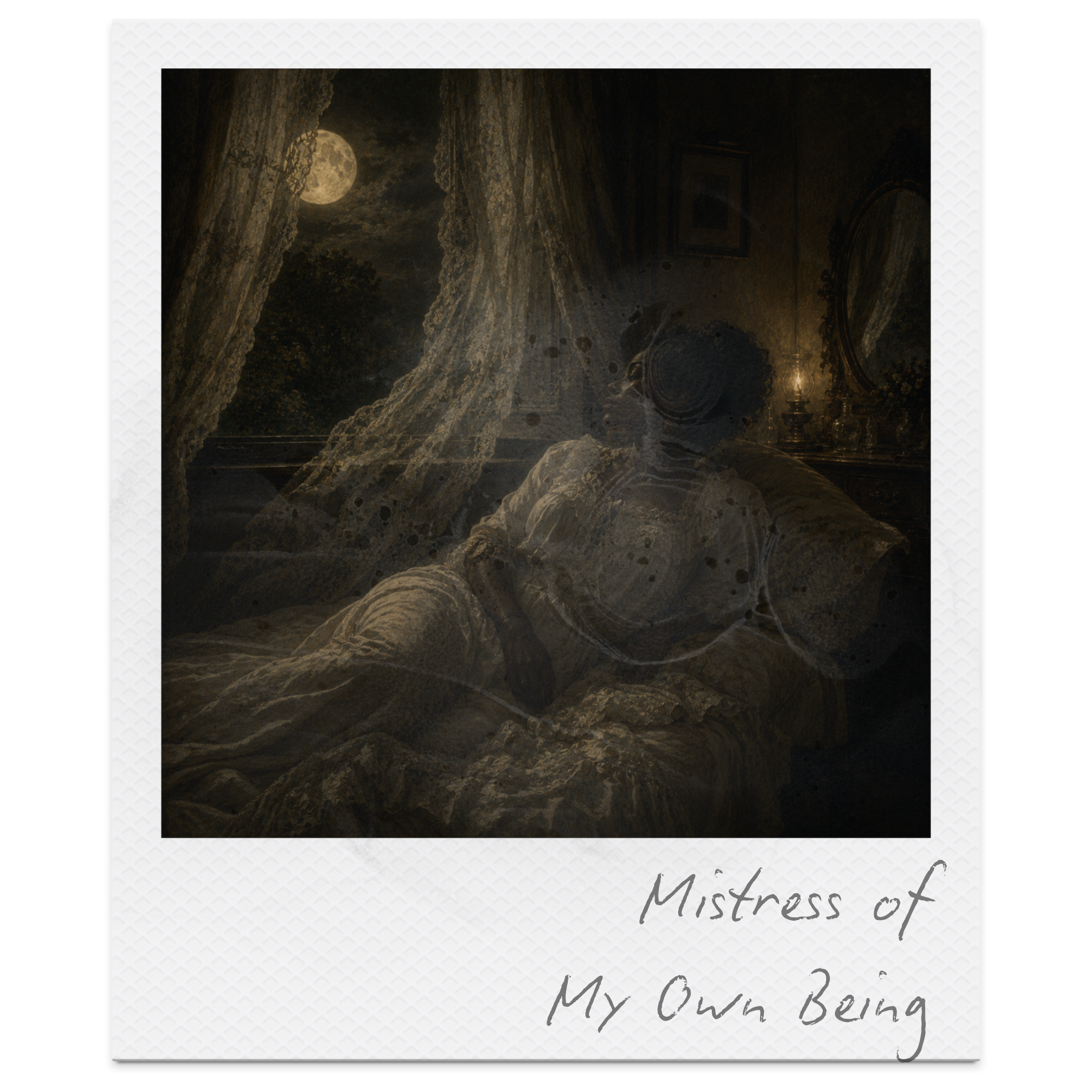 A moonlit night sky with a full moon and clouds seen through lace curtains in a vintage bedroom. The room contains a mirror, framed pictures, and a lamp on a table, with a woman relaxing and reading.
