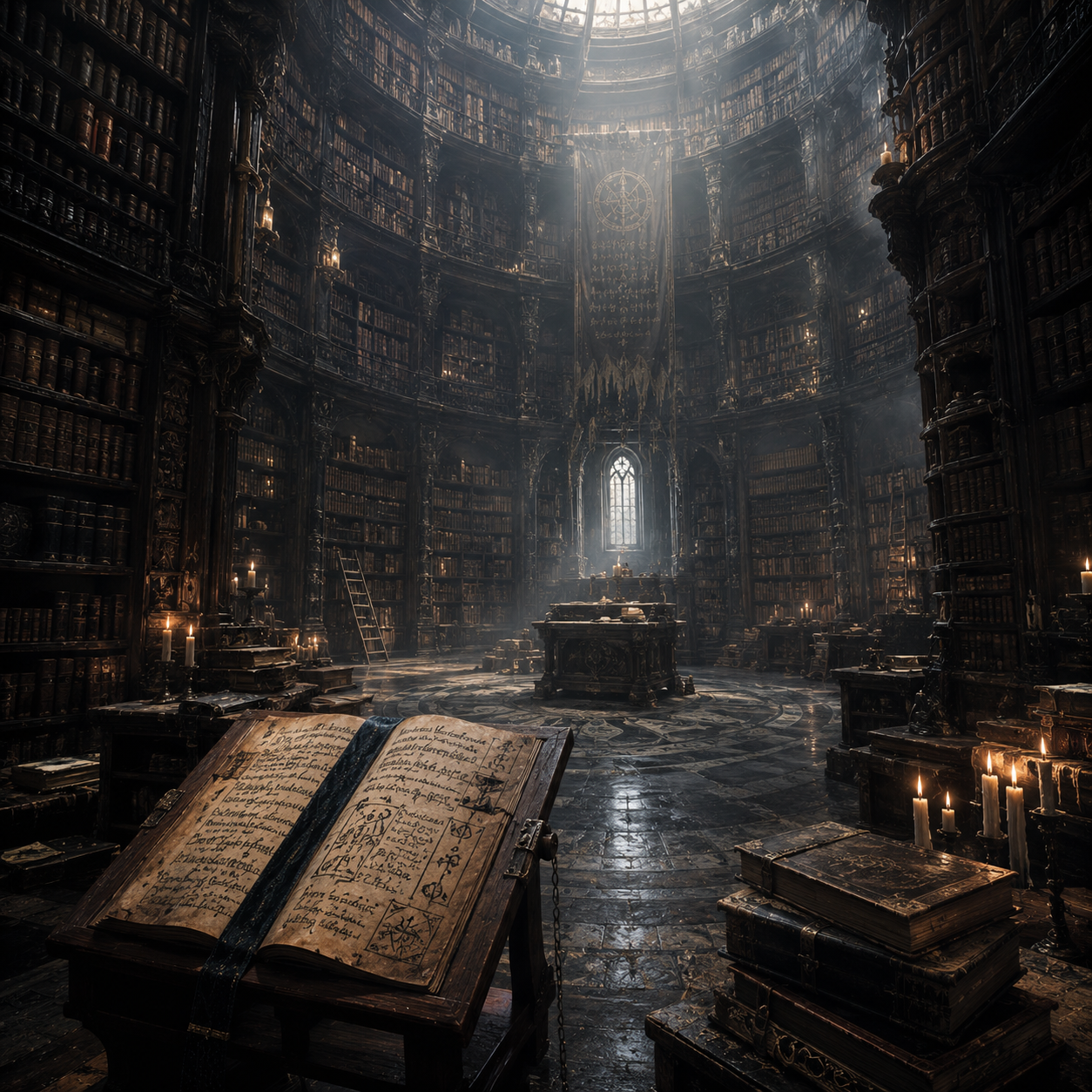 An ancient circular library filled with towering bookshelves, candlelight, and forbidden manuscripts preserved within a vast stone chamber.