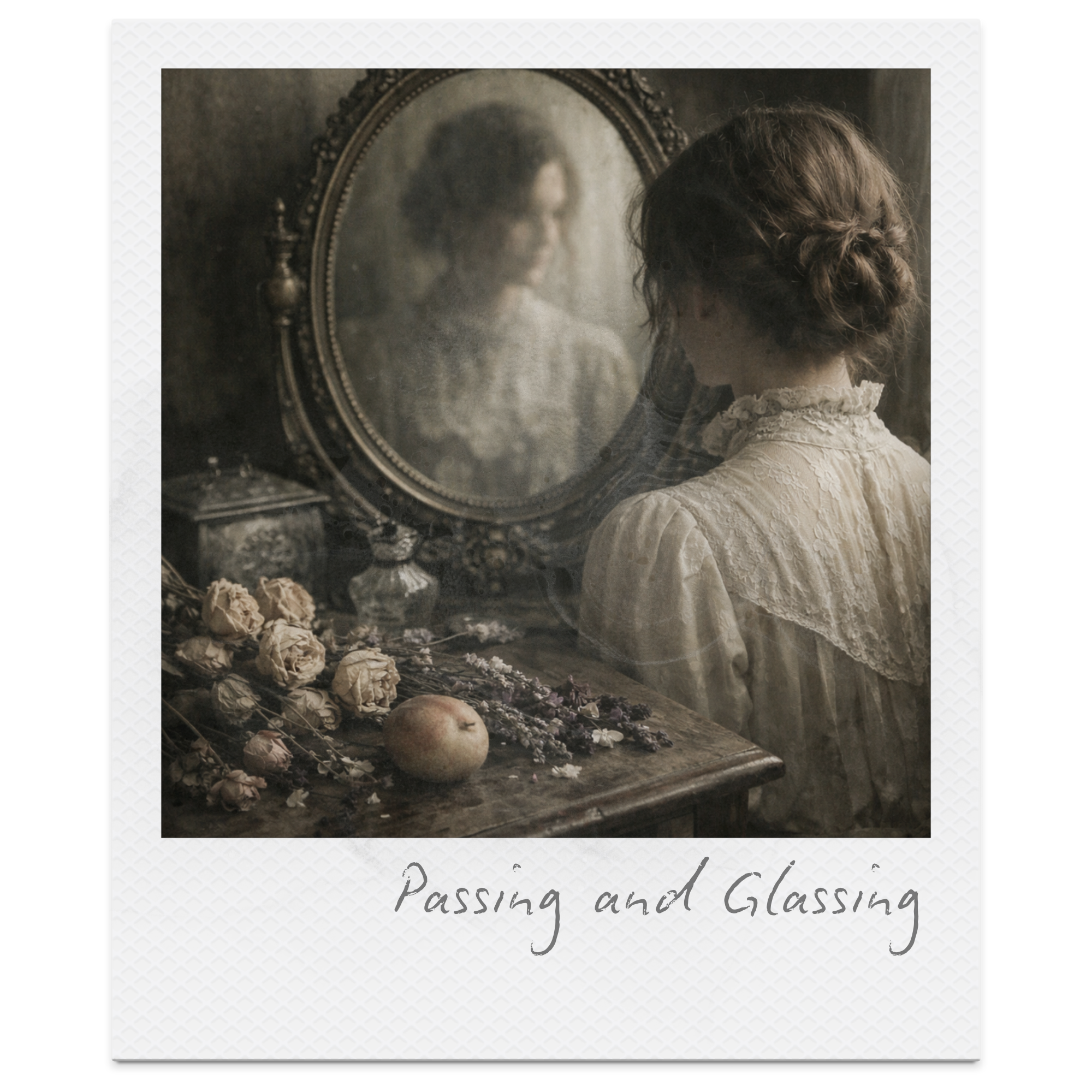A woman in vintage dress looking into an oval mirror on a wooden table, with dried roses, an apple, and decorative bottles, in a softly lit, nostalgic setting.