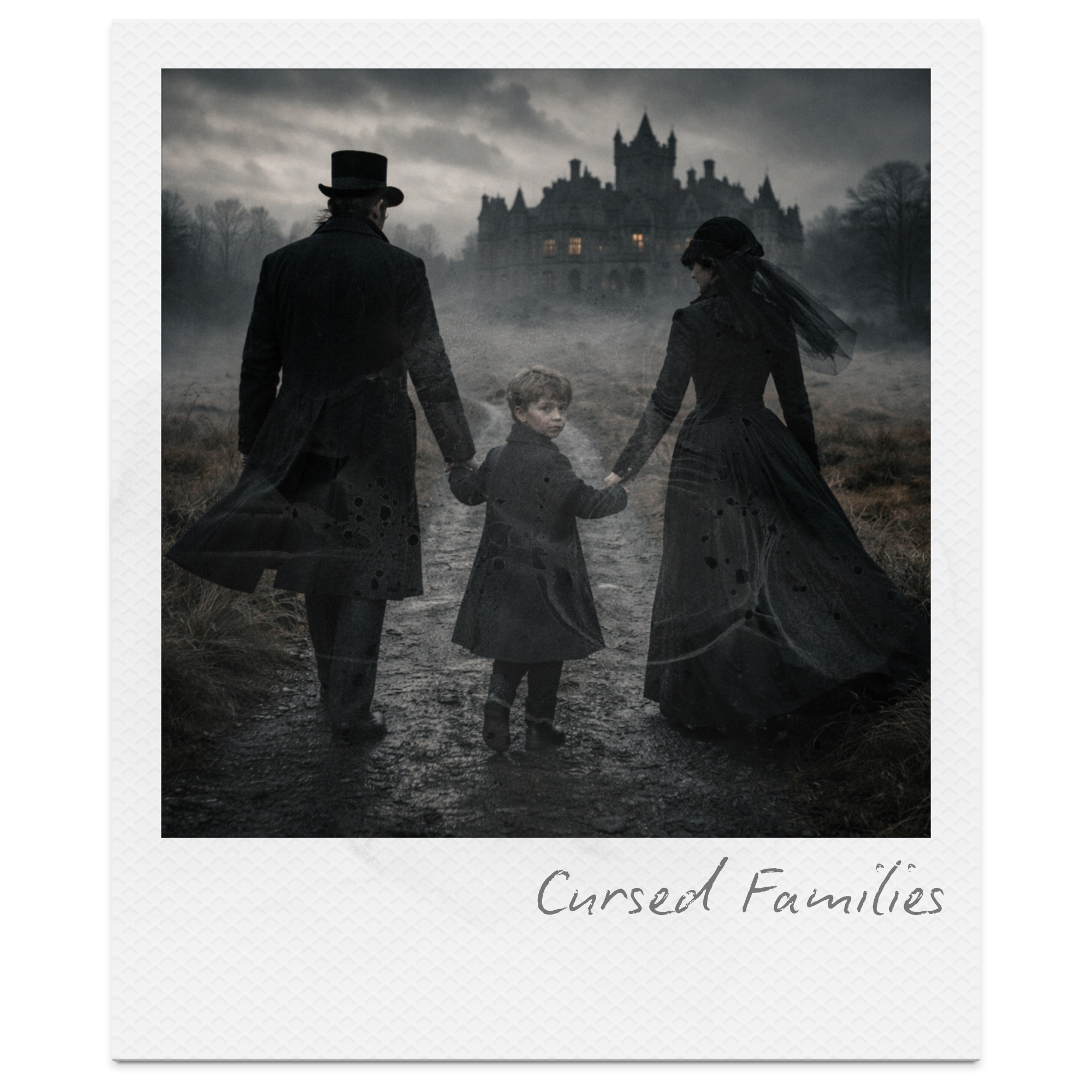 A family of three dressed in dark, vintage clothing walking toward a haunted castle on a foggy, gloomy day. The scene has a spooky atmosphere and is labeled 'Cursed Families'.