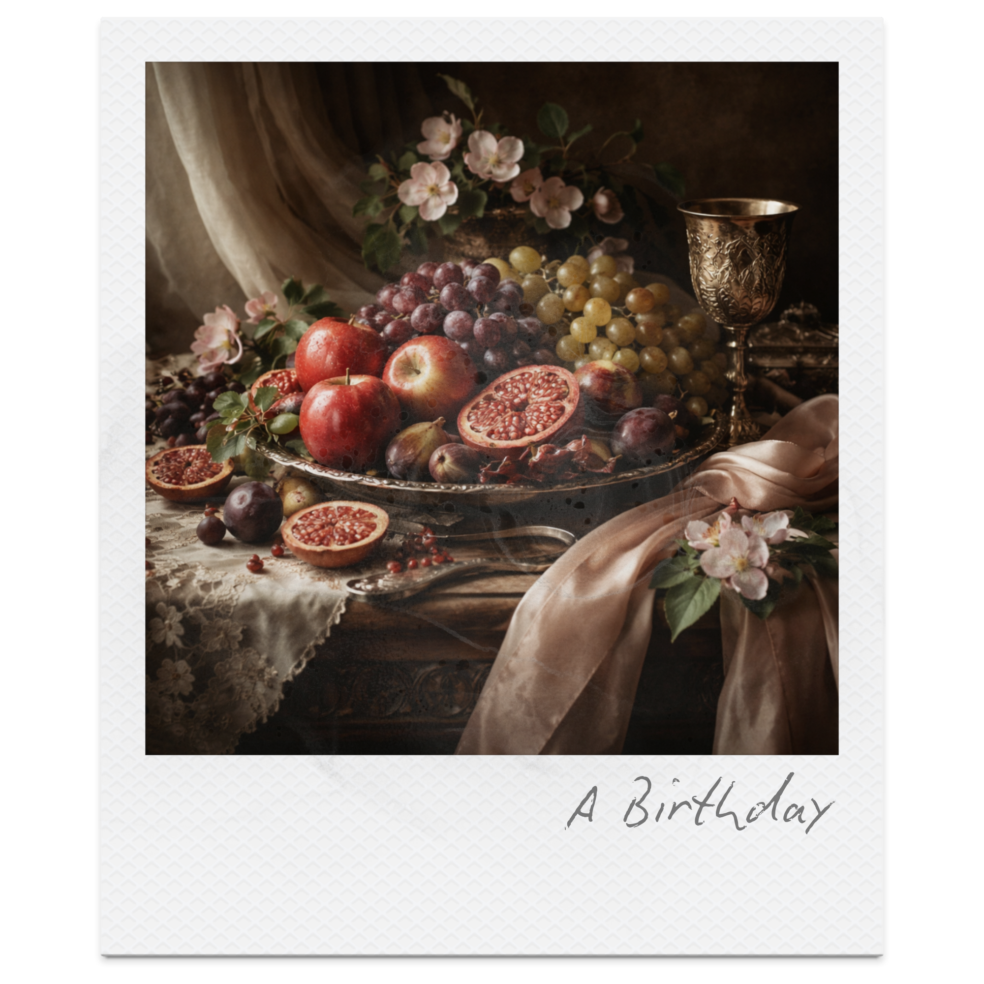 Still life of a fruit arrangement with apples, grapes, figs, and pomegranate on a silver platter, decorated with flowers and a gold goblet, with a draped fabric background on a wooden table, labeled "A Birthday".