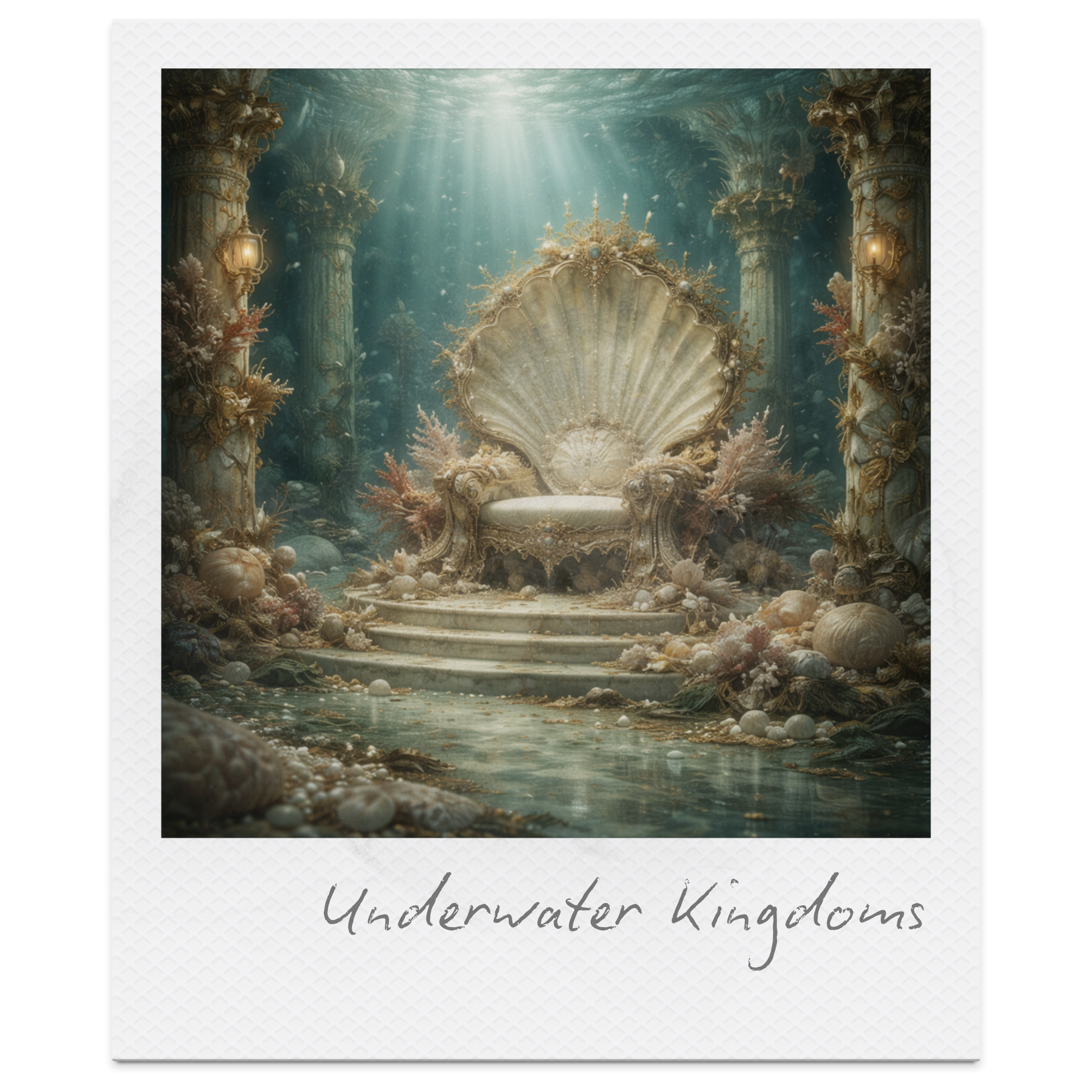 An ornate throne shaped like a seashell with coral and seashell decorations, set in an underwater palace with columns, sea life, and rays of sunlight filtering through water. The caption reads "Underwater Kingdoms."