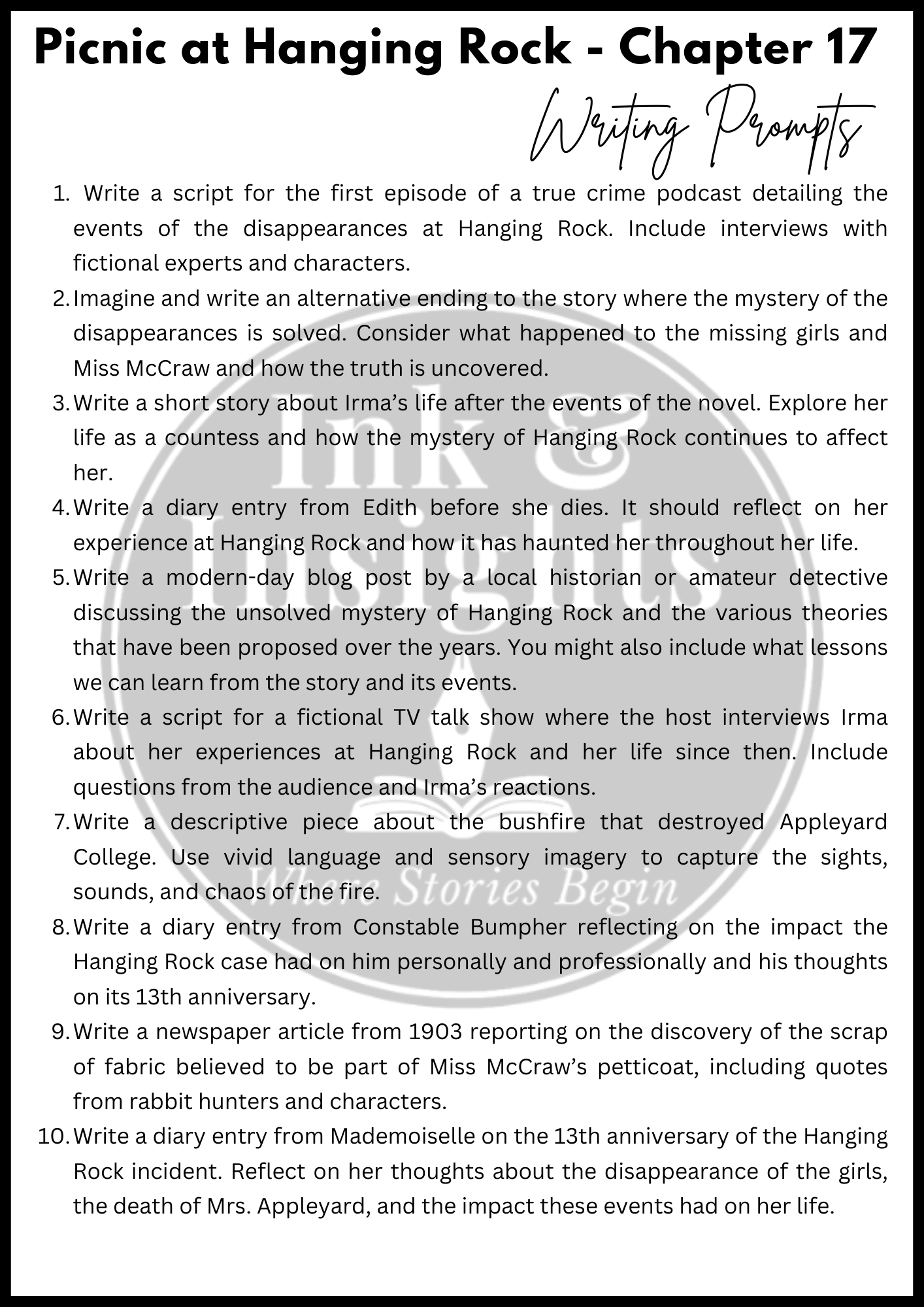 Picnic at Hanging Rock Chapter 17 Writing Prompts.png