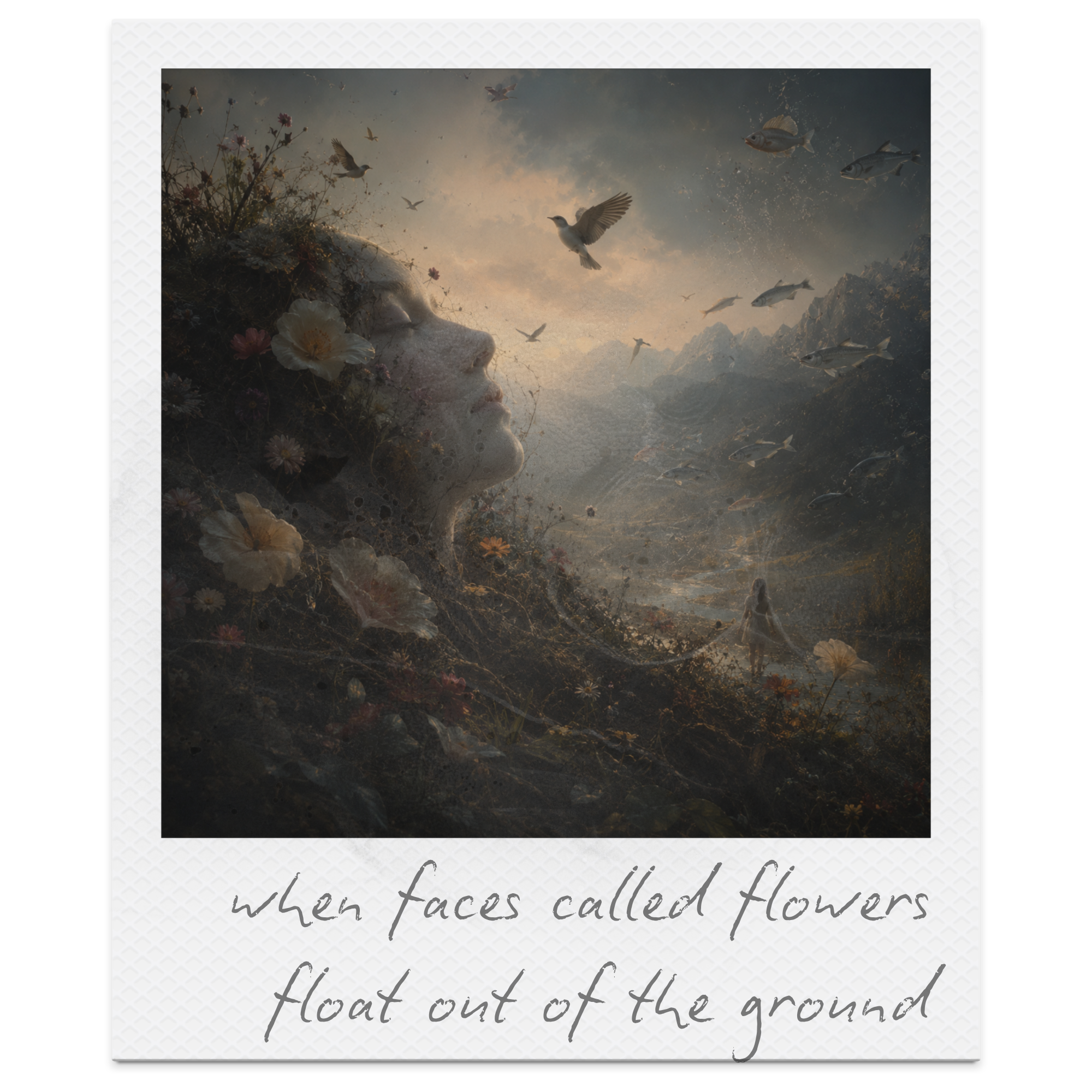A fantasy-style landscape with birds flying over a mountainside, a woman walking near the ground, and flowers and trees, with a quote that reads 'when faces called flowers float out of the ground'.