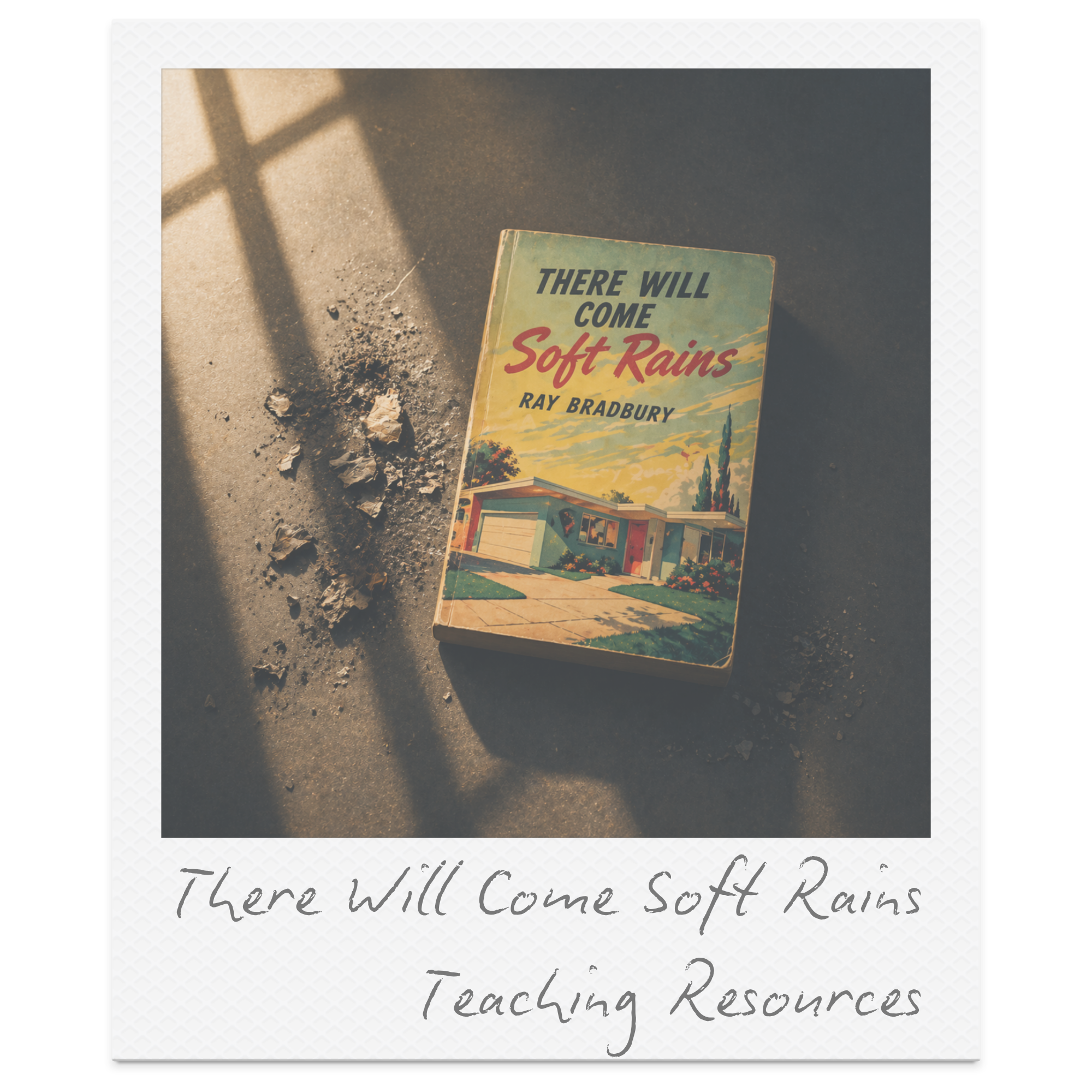A vintage style book cover titled "There Will Come Soft Rains" by Ray Bradbury, placed on a dark surface with some crumpled paper and dirt nearby. The cover features an illustration of a house with a scenic background.