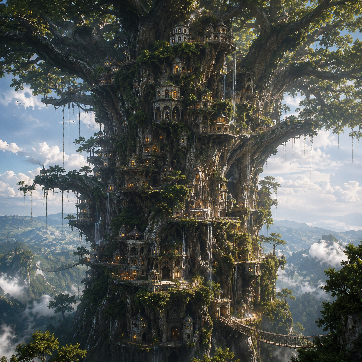 Fantasy city built inside a giant ancient tree above the clouds, with towers, bridges and homes woven among the branches.