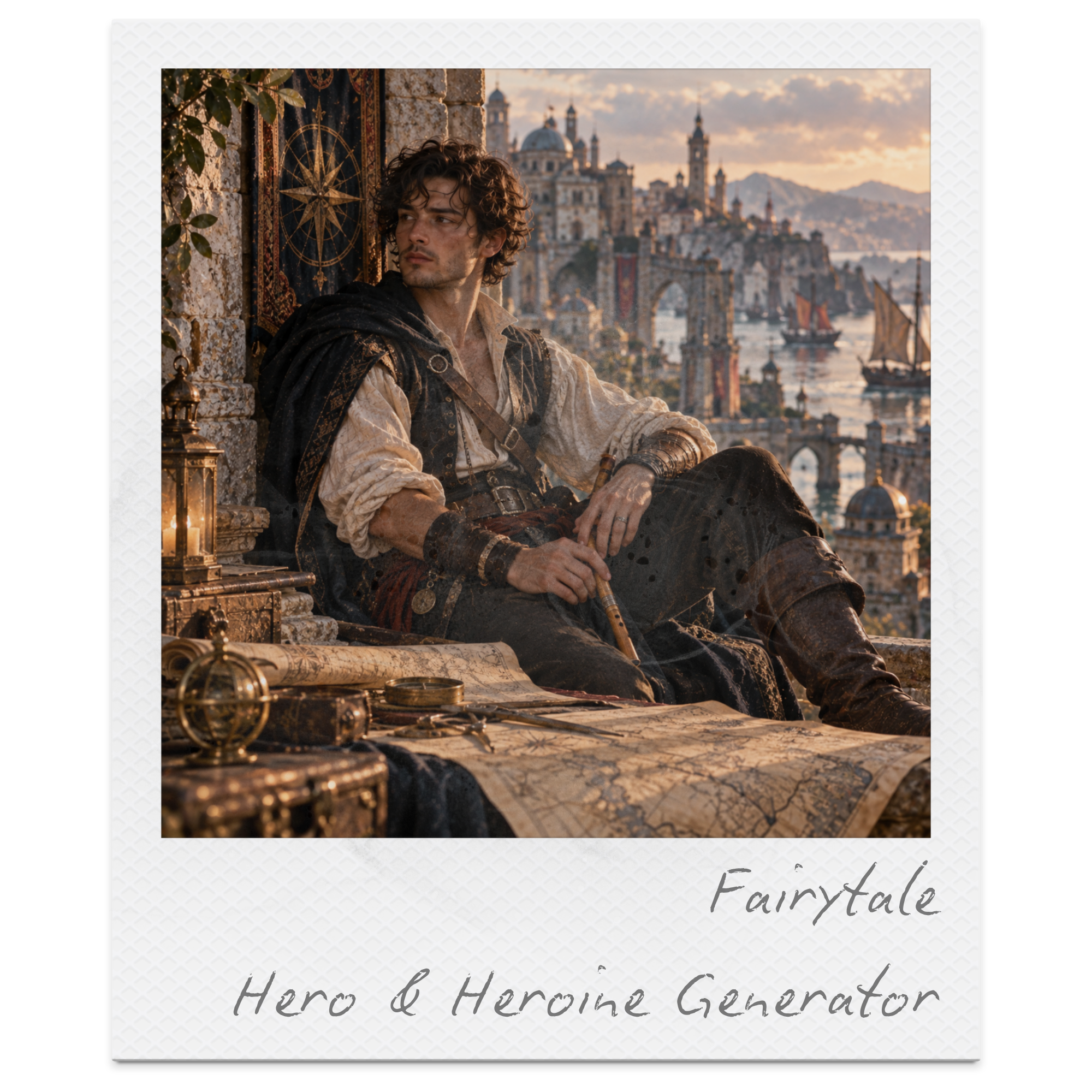 A young man dressed as a medieval hero sitting on a balcony overlooking a cityscape with castles, a bridge, and ships, during sunset.