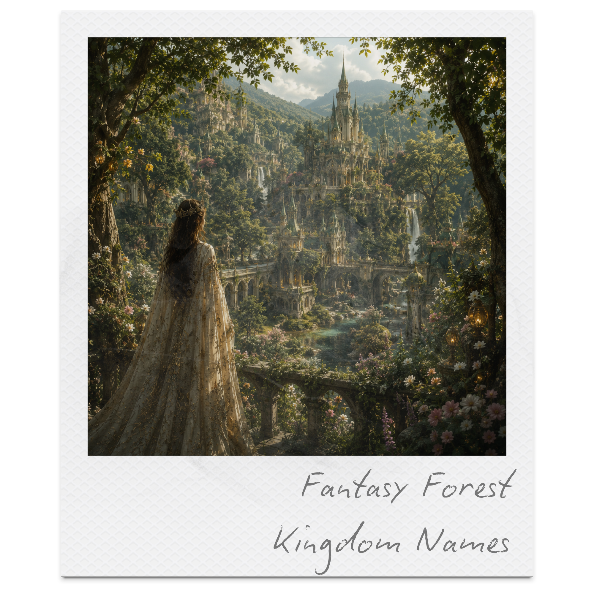 A scene from fantasy forest with a castle in the background, surrounded by lush greenery and trees, viewed through a natural frame of tree branches.