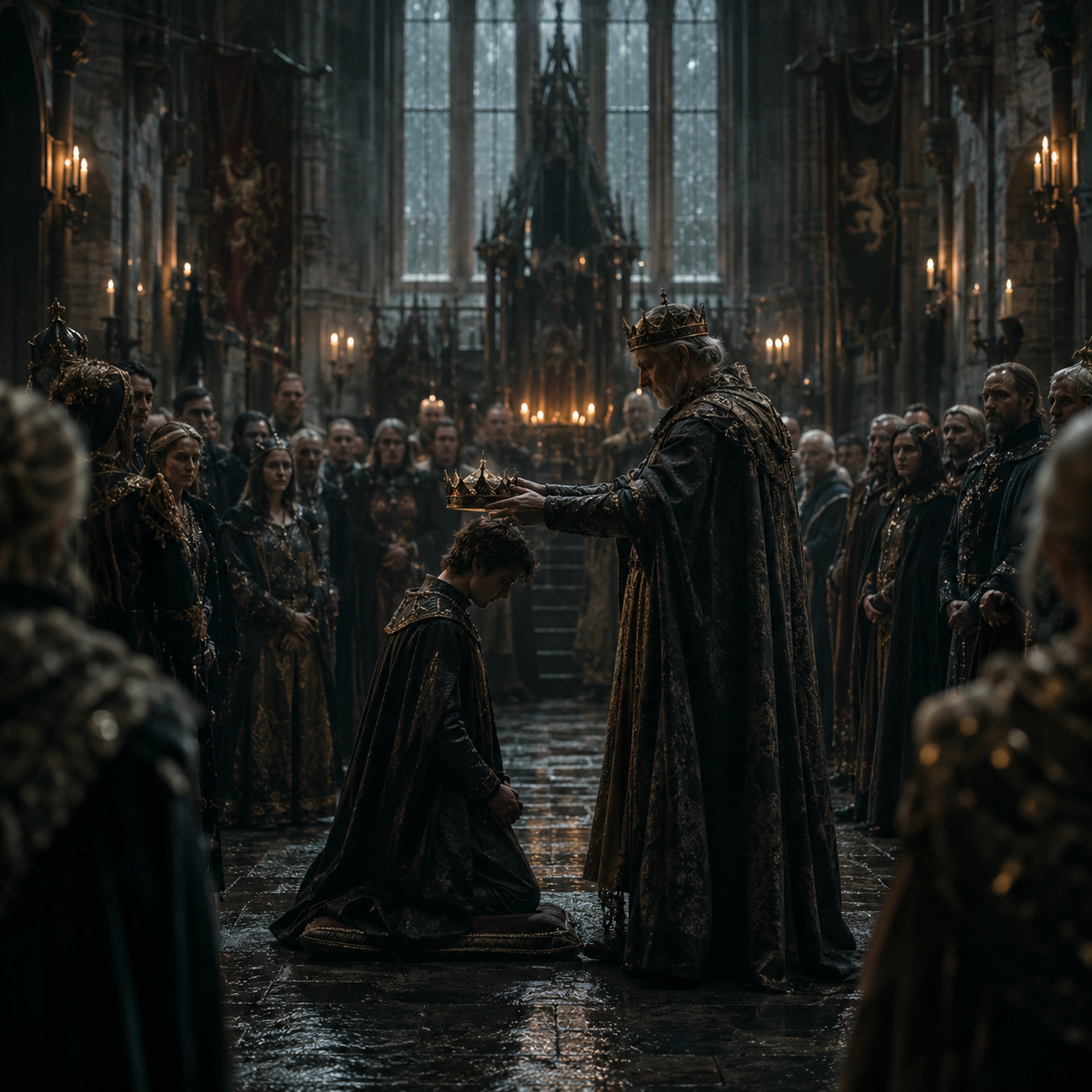 A young heir kneels during a coronation ceremony in a candlelit stone hall while nobles watch in silence as a crown is lowered onto their head.