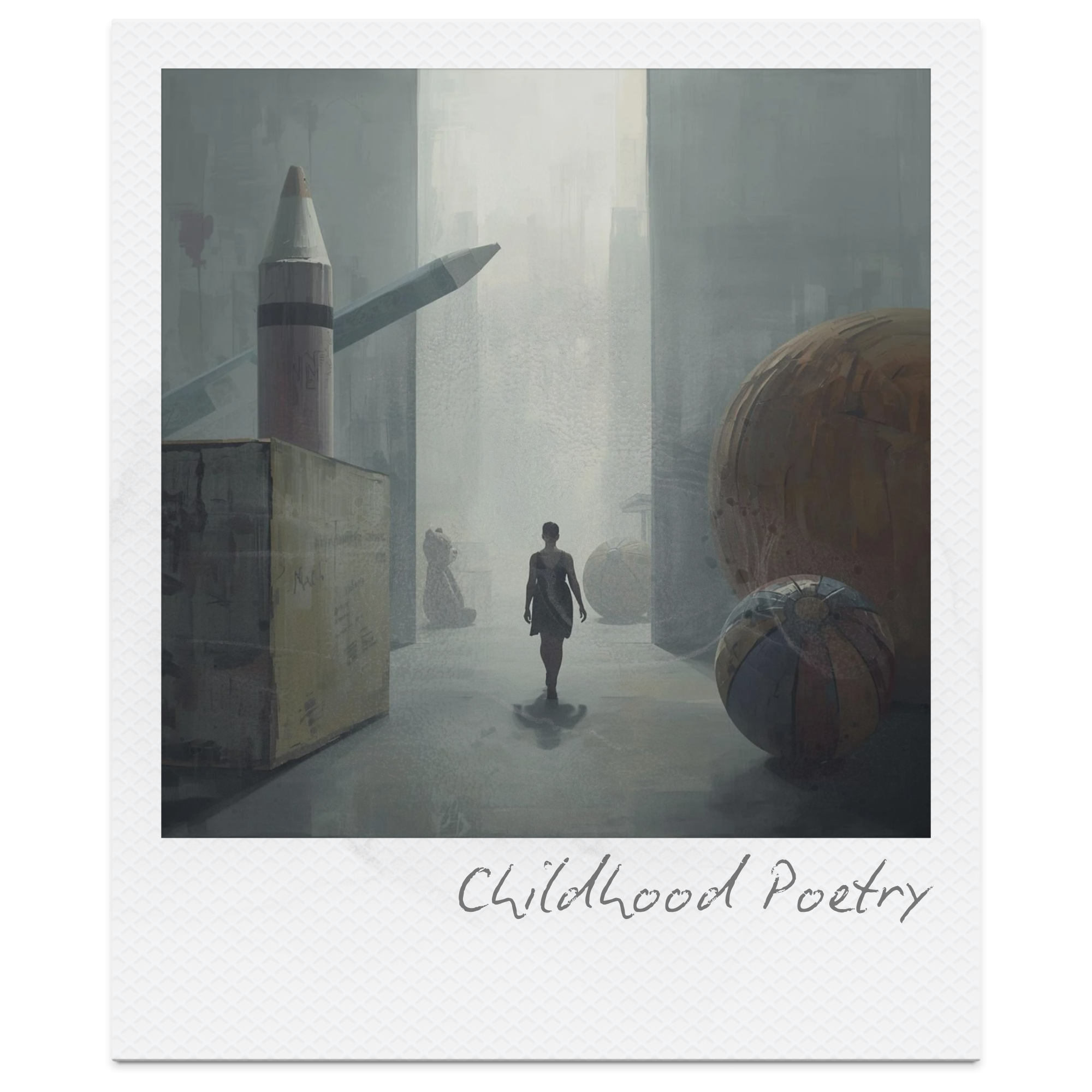 Cover of a book titled "Childhood Poetry" with a minimalist painting of a street scene, a traffic cone, a large ball, and two children in the background.
